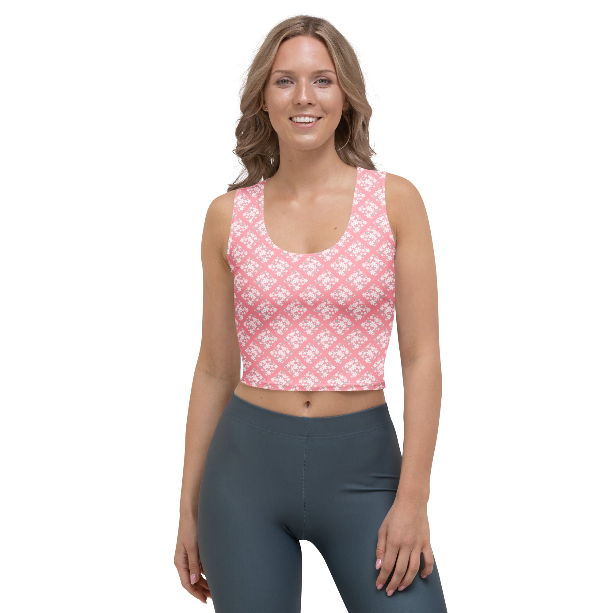 Women's Pink Floral Tile Buttery Soft Crop Top- Quick-Drying UPF 50+ Stretch Top