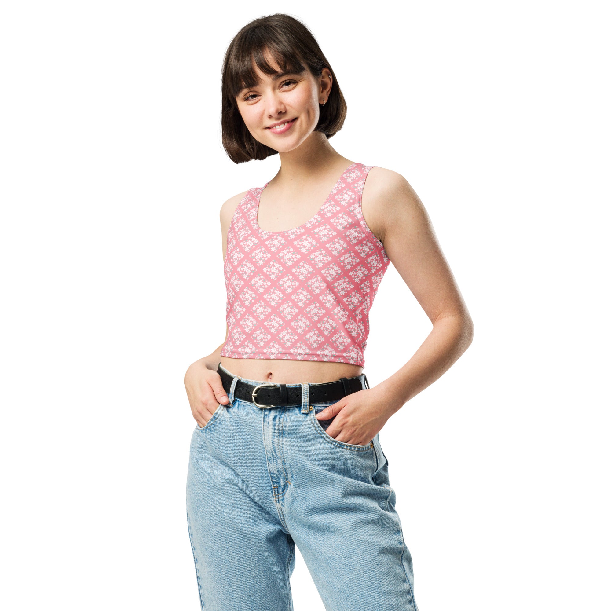 Women's Pink Floral Tile Buttery Soft Crop Top- Quick-Drying UPF 50+ Stretch Top
