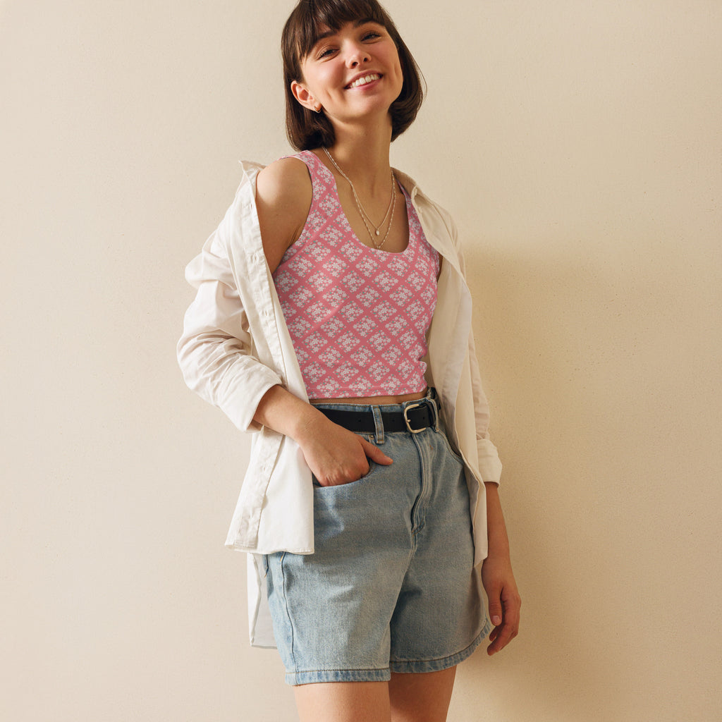 Women's Pink Floral Tile Buttery Soft Crop Top- Quick-Drying UPF 50+ Stretch Top