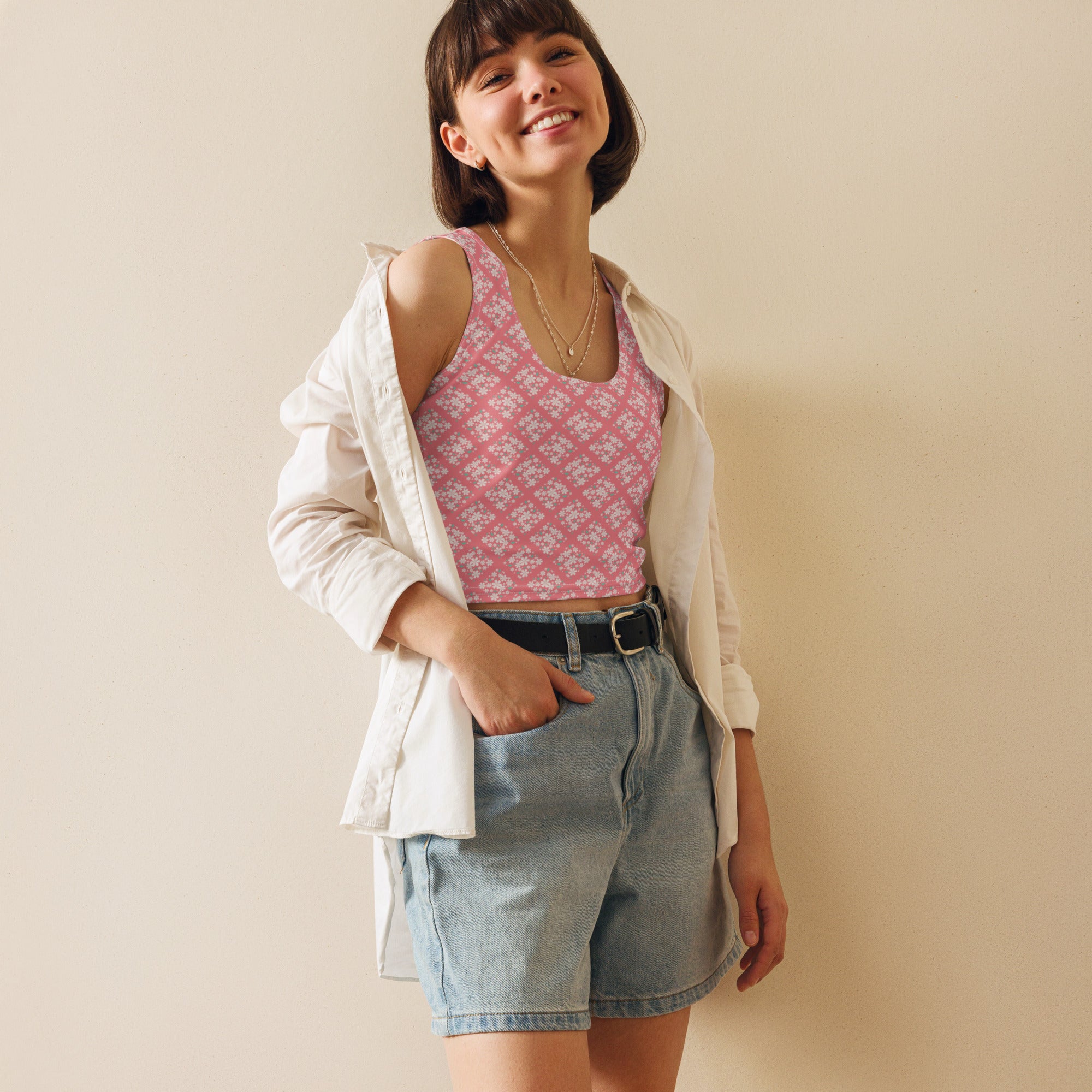 Women's Pink Floral Tile Buttery Soft Crop Top- Quick-Drying UPF 50+ Stretch Top