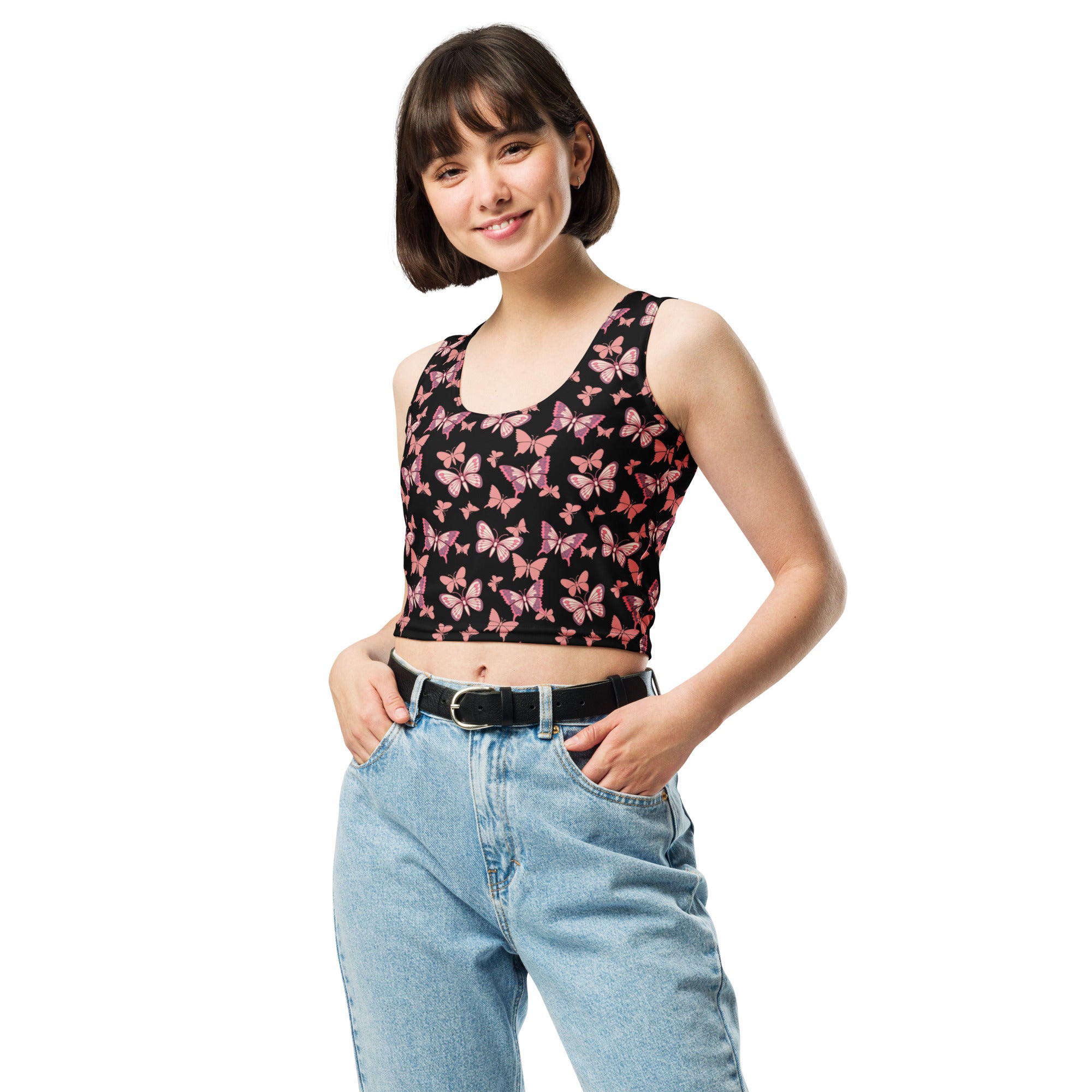 Women's Pink Butterflies Buttery Soft Crop Top- Quick-Drying UPF 50+ Stretch Top