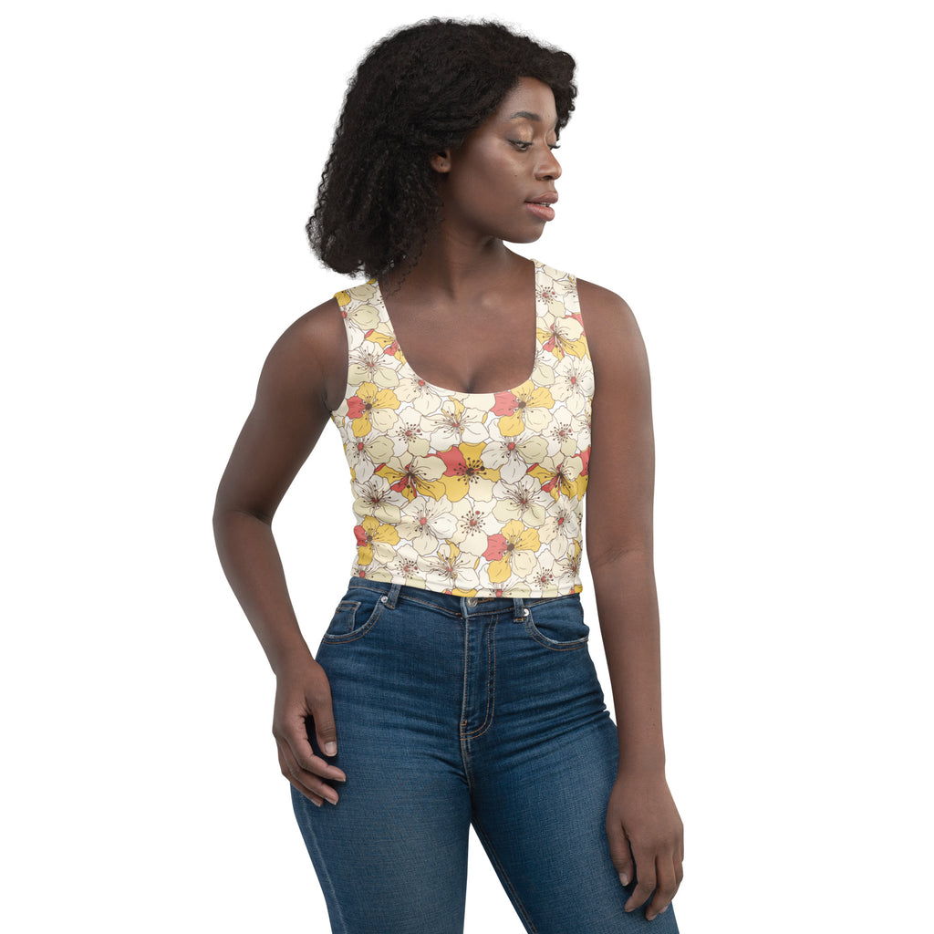 Women's Cream Floral Buttery Soft Crop Top- Quick-Drying UPF 50+ Stretch Top