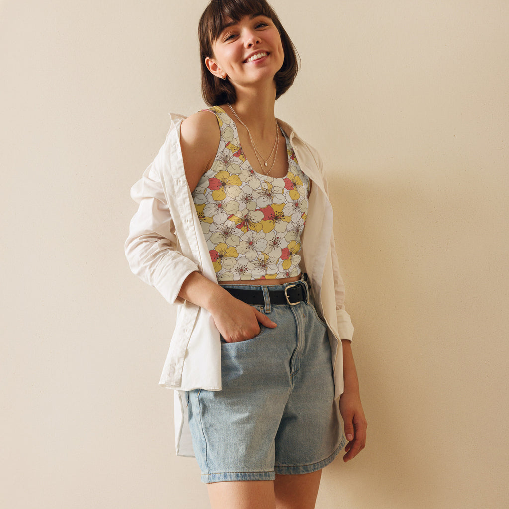 Women's Cream Floral Buttery Soft Crop Top- Quick-Drying UPF 50+ Stretch Top