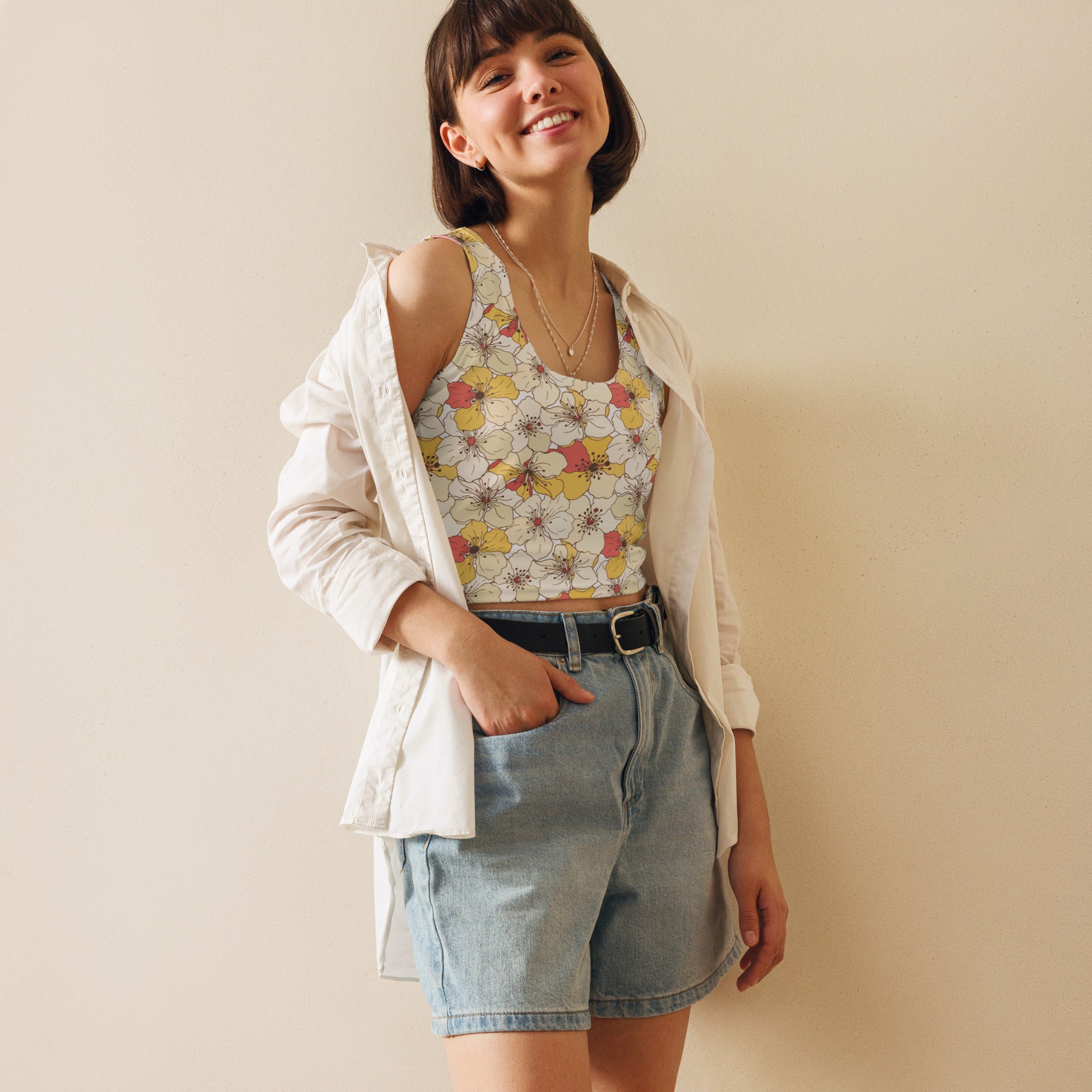 Women's Cream Floral Buttery Soft Crop Top- Quick-Drying UPF 50+ Stretch Top