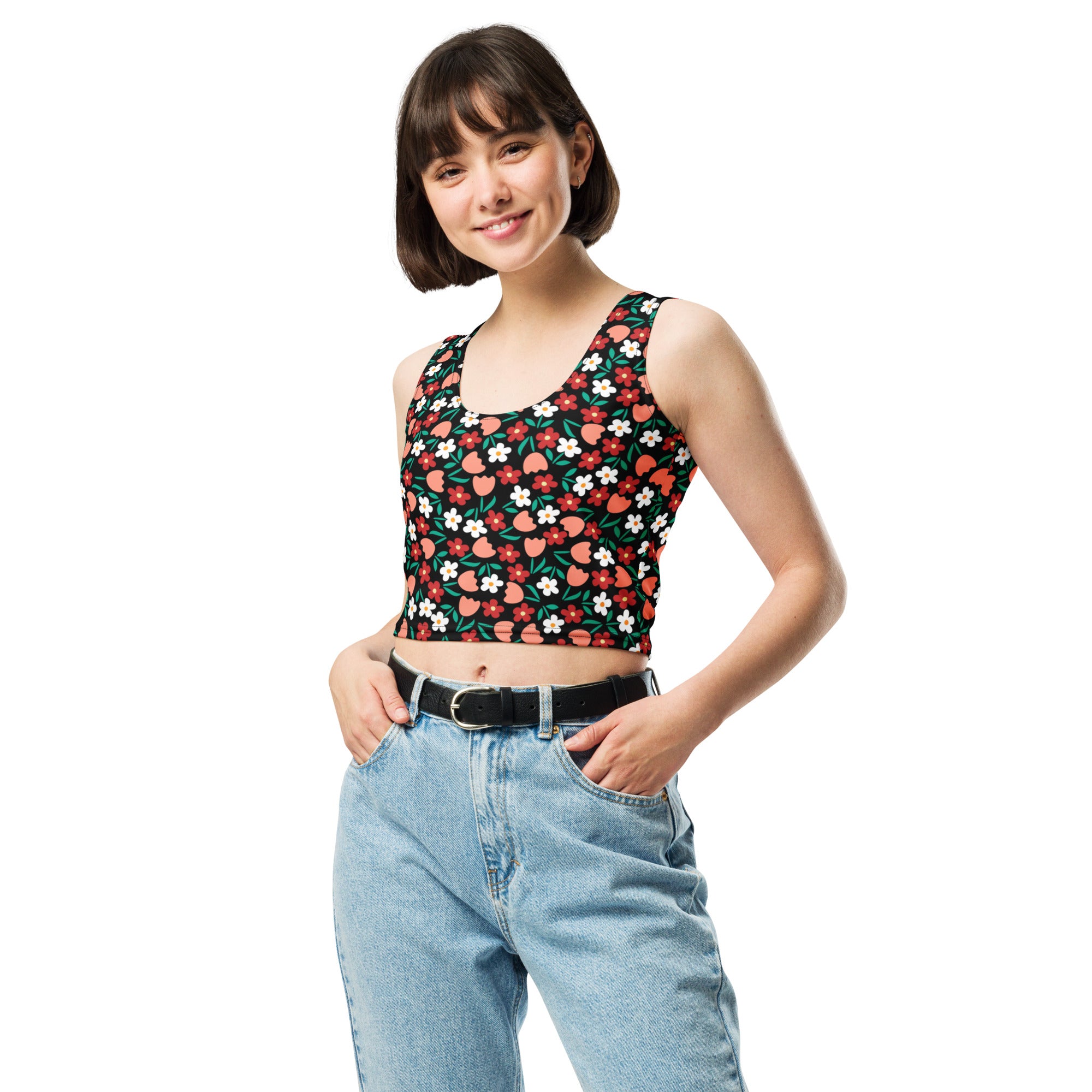 Women's Black Floral Flowers Buttery Soft Crop Top- Quick-Drying UPF 50+ Stretch Top