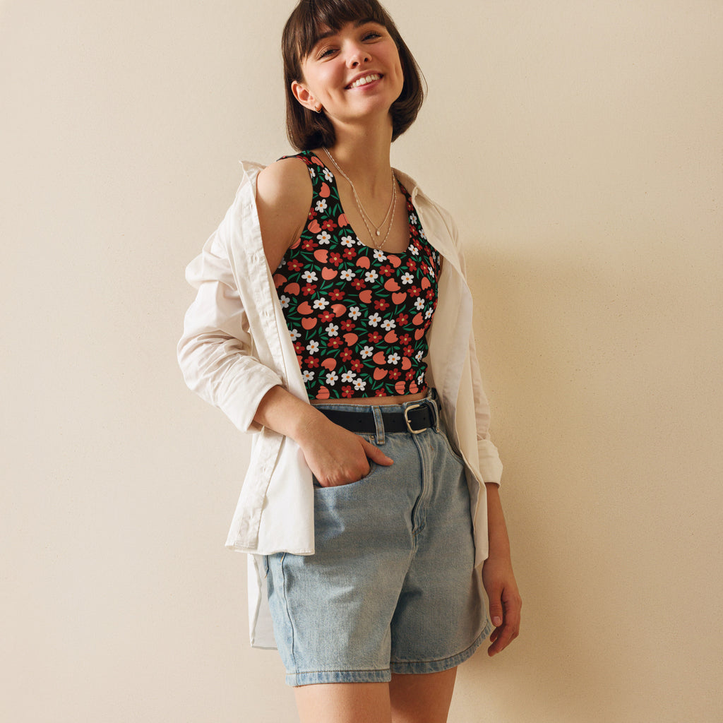 Women's Black Floral Flowers Buttery Soft Crop Top- Quick-Drying UPF 50+ Stretch Top