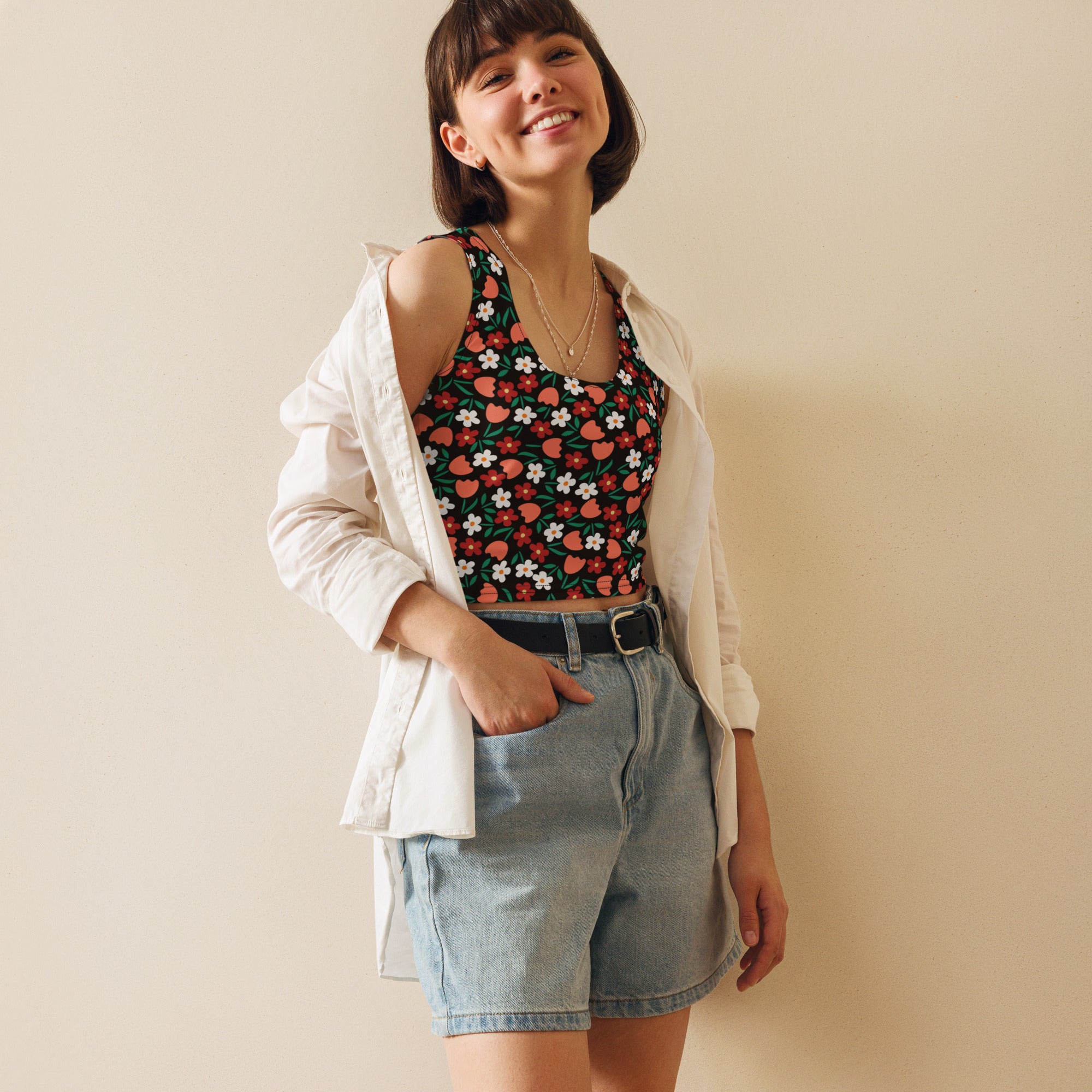 Women's Black Floral Flowers Buttery Soft Crop Top- Quick-Drying UPF 50+ Stretch Top