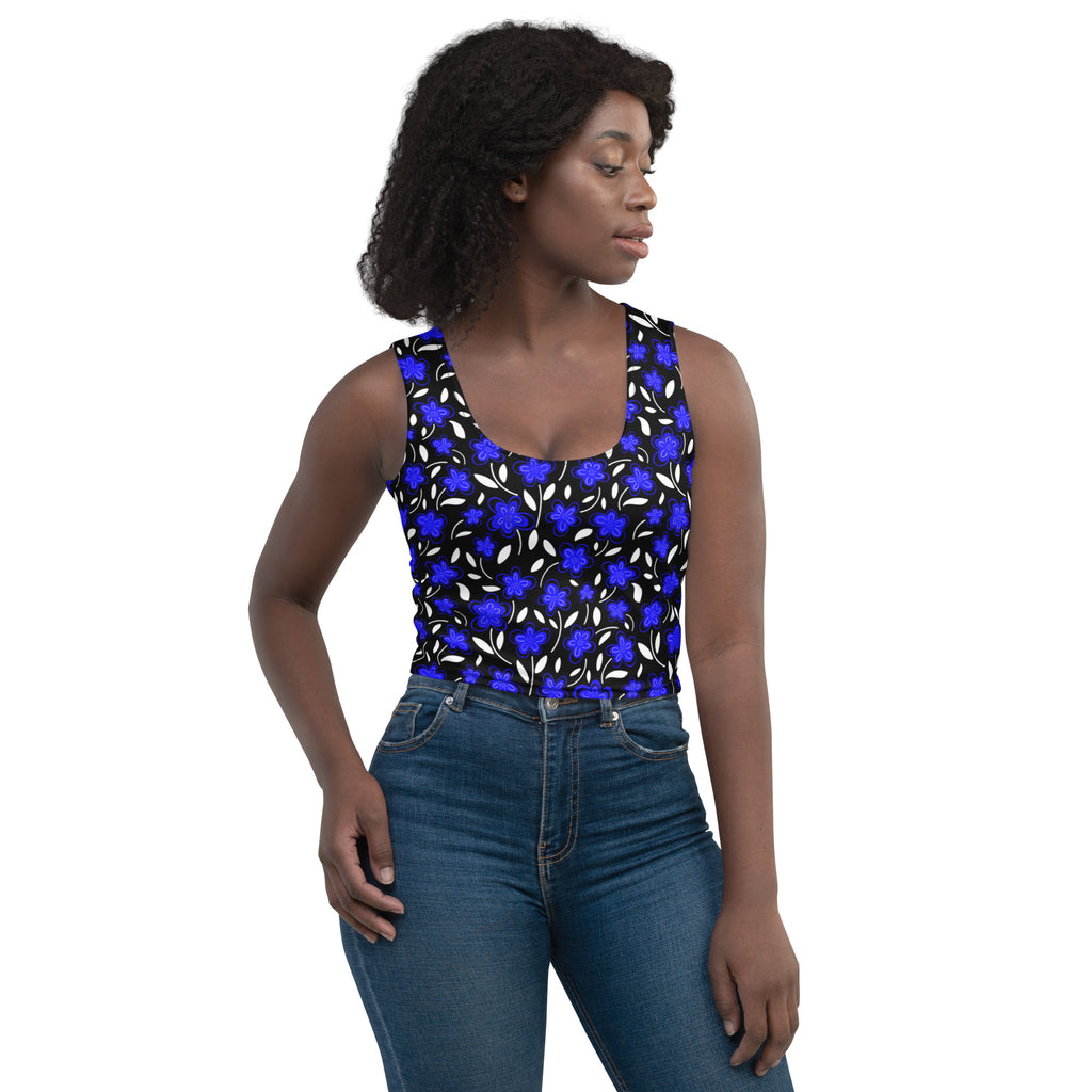 Women's Blue Floral Buttery Soft Crop Top- Quick-Drying UPF 50+ Stretch Top