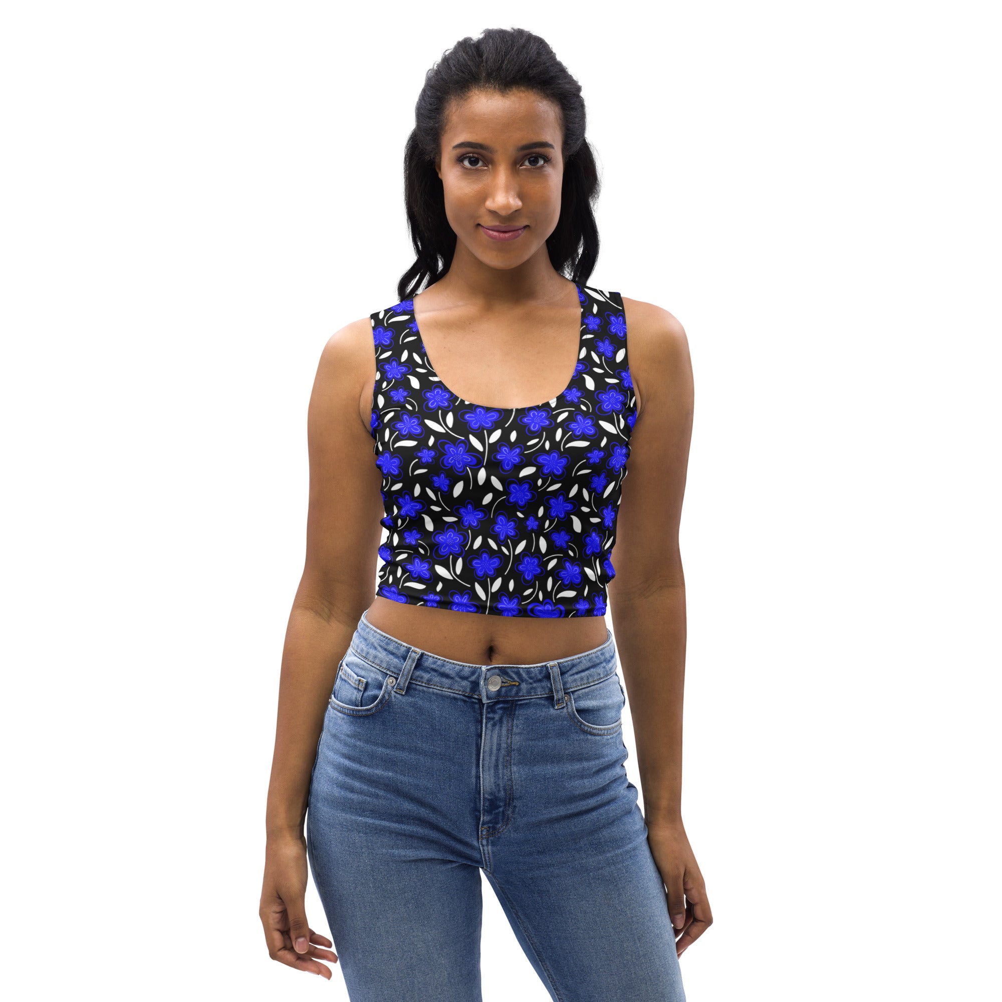 Women's Blue Floral Buttery Soft Crop Top- Quick-Drying UPF 50+ Stretch Top