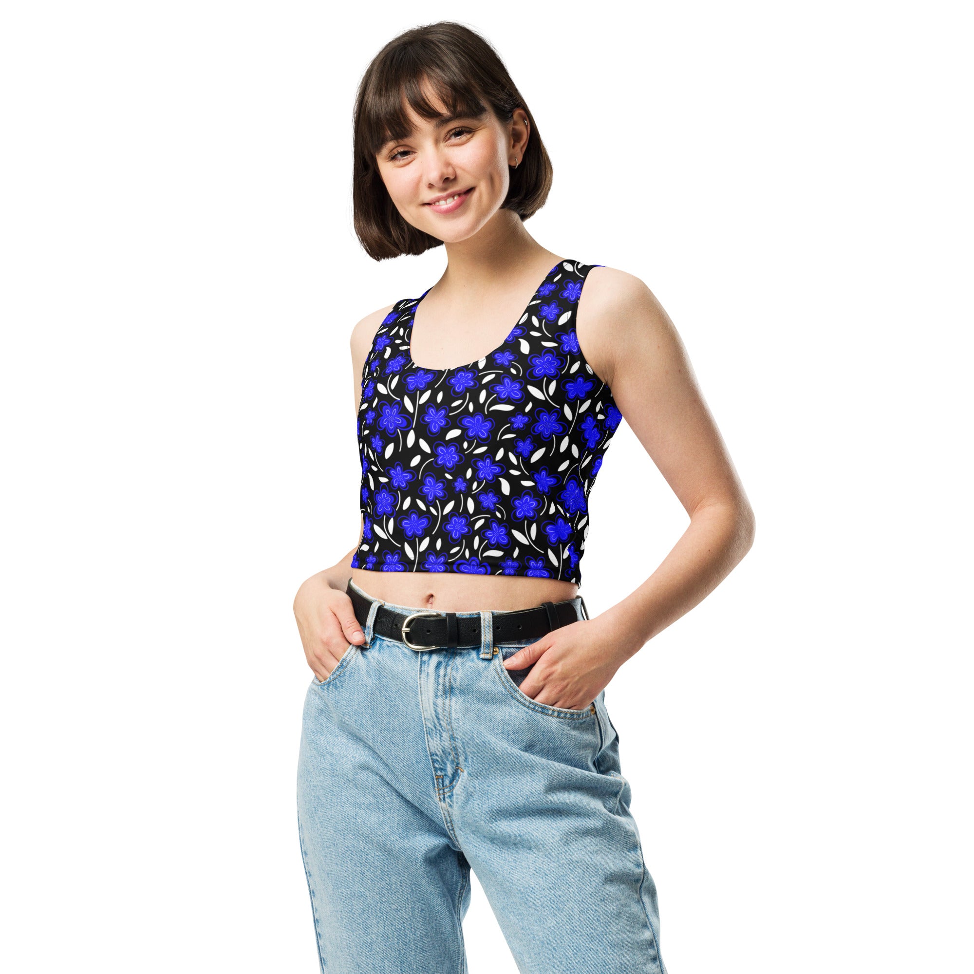 Women's Blue Floral Buttery Soft Crop Top- Quick-Drying UPF 50+ Stretch Top