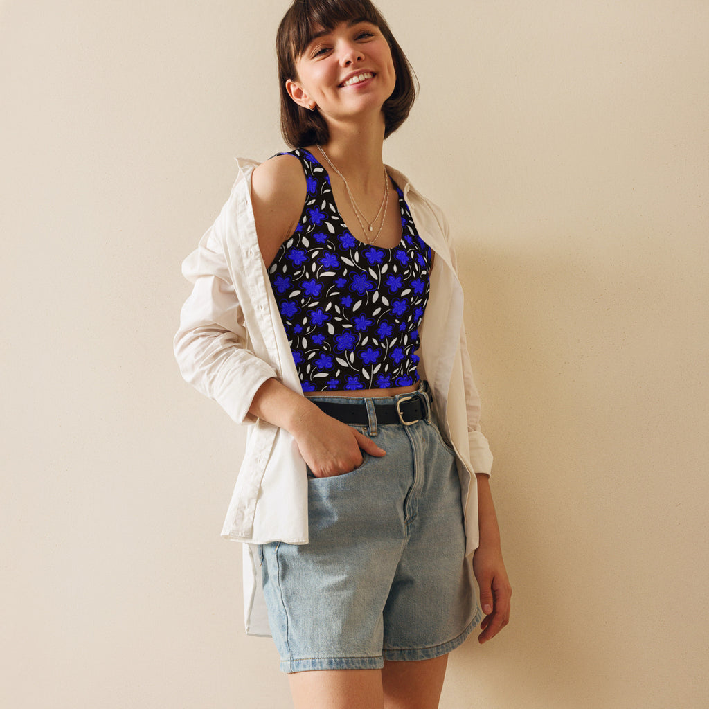 Women's Blue Floral Buttery Soft Crop Top- Quick-Drying UPF 50+ Stretch Top
