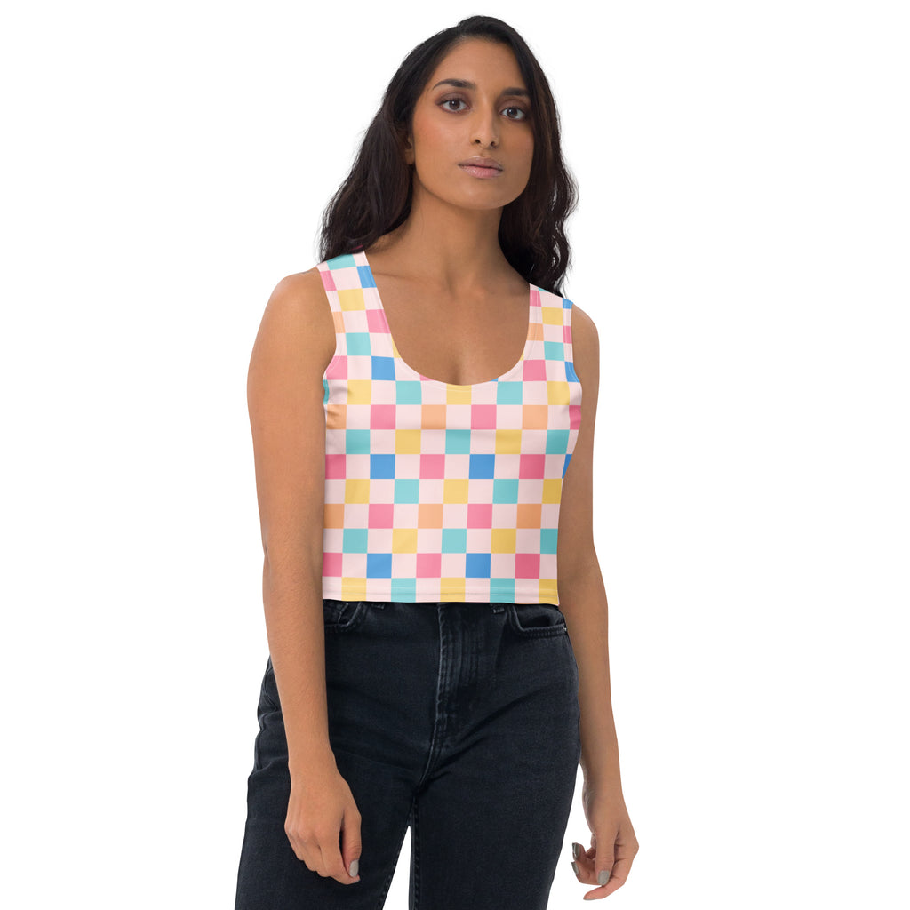 Women's Colorful Pastel Checkerboard Buttery Soft Crop Top- Quick-Drying UPF 50+ Stretch Top