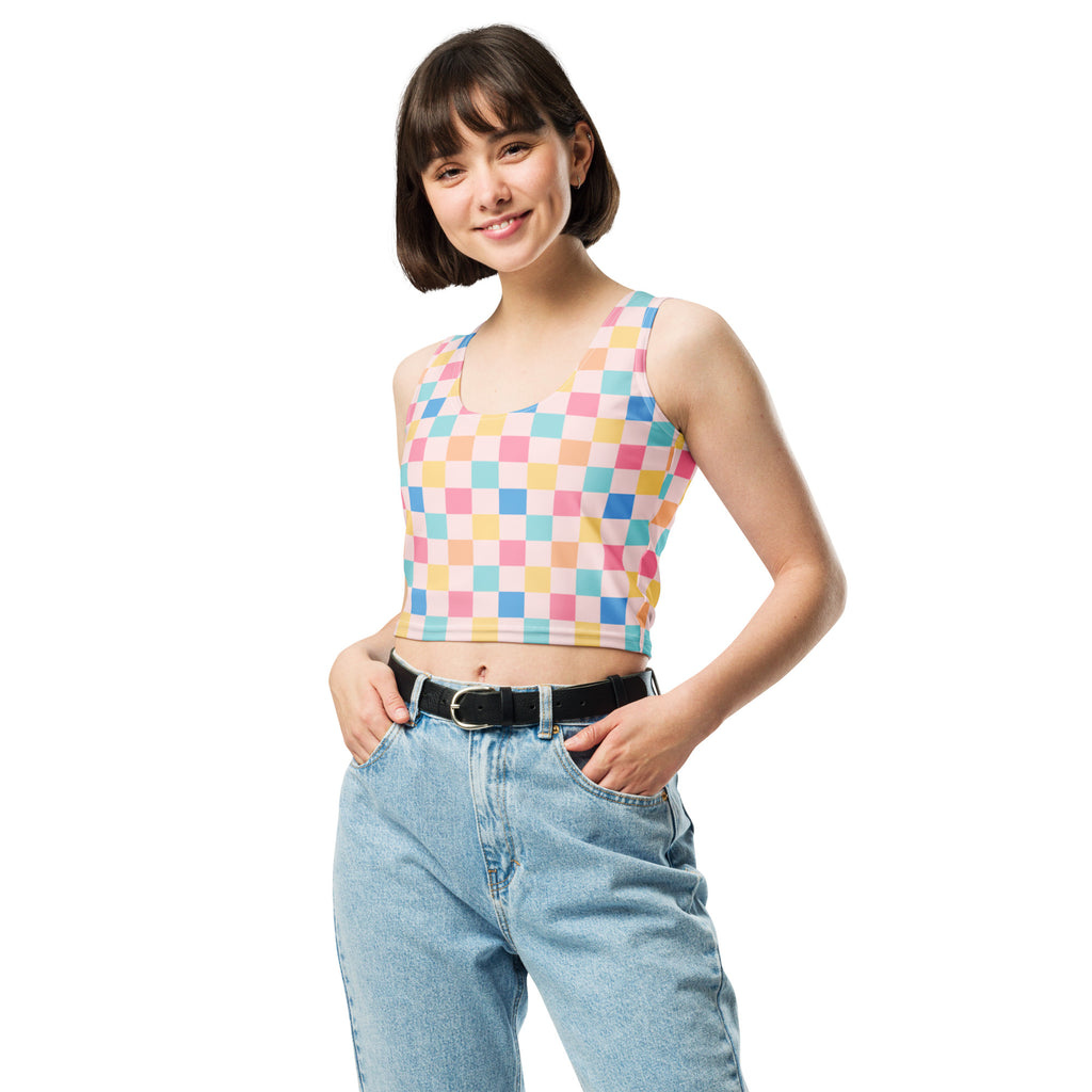 Women's Colorful Pastel Checkerboard Buttery Soft Crop Top- Quick-Drying UPF 50+ Stretch Top