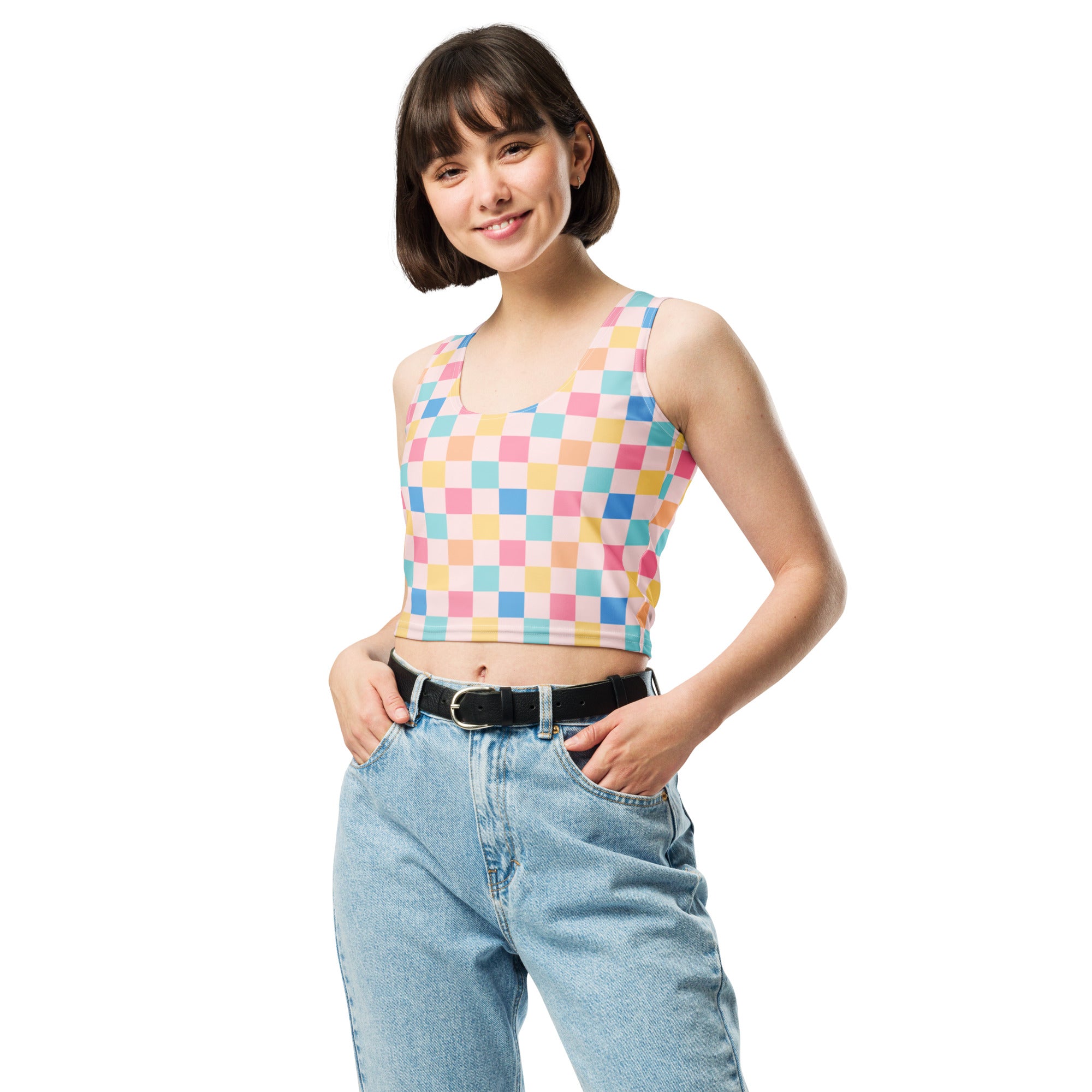 Women's Colorful Pastel Checkerboard Buttery Soft Crop Top- Quick-Drying UPF 50+ Stretch Top
