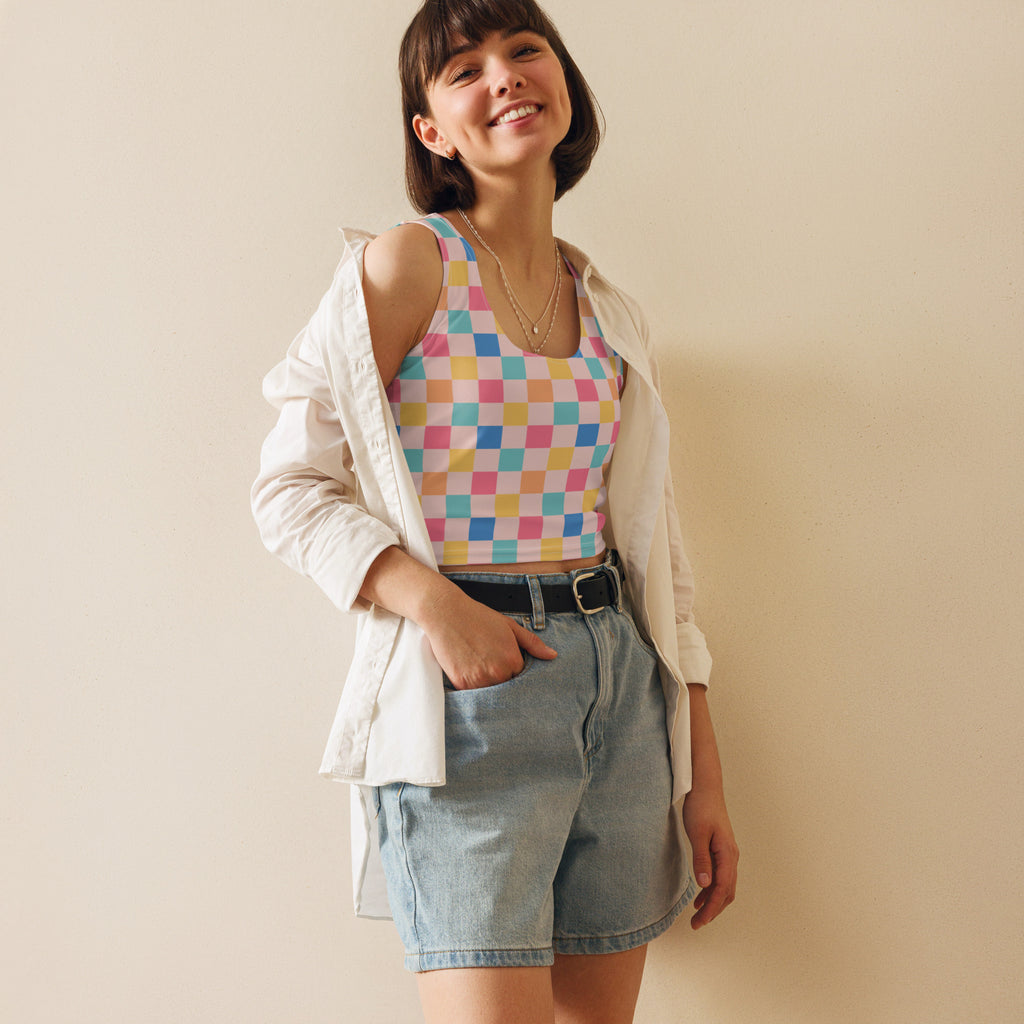 Women's Colorful Pastel Checkerboard Buttery Soft Crop Top- Quick-Drying UPF 50+ Stretch Top