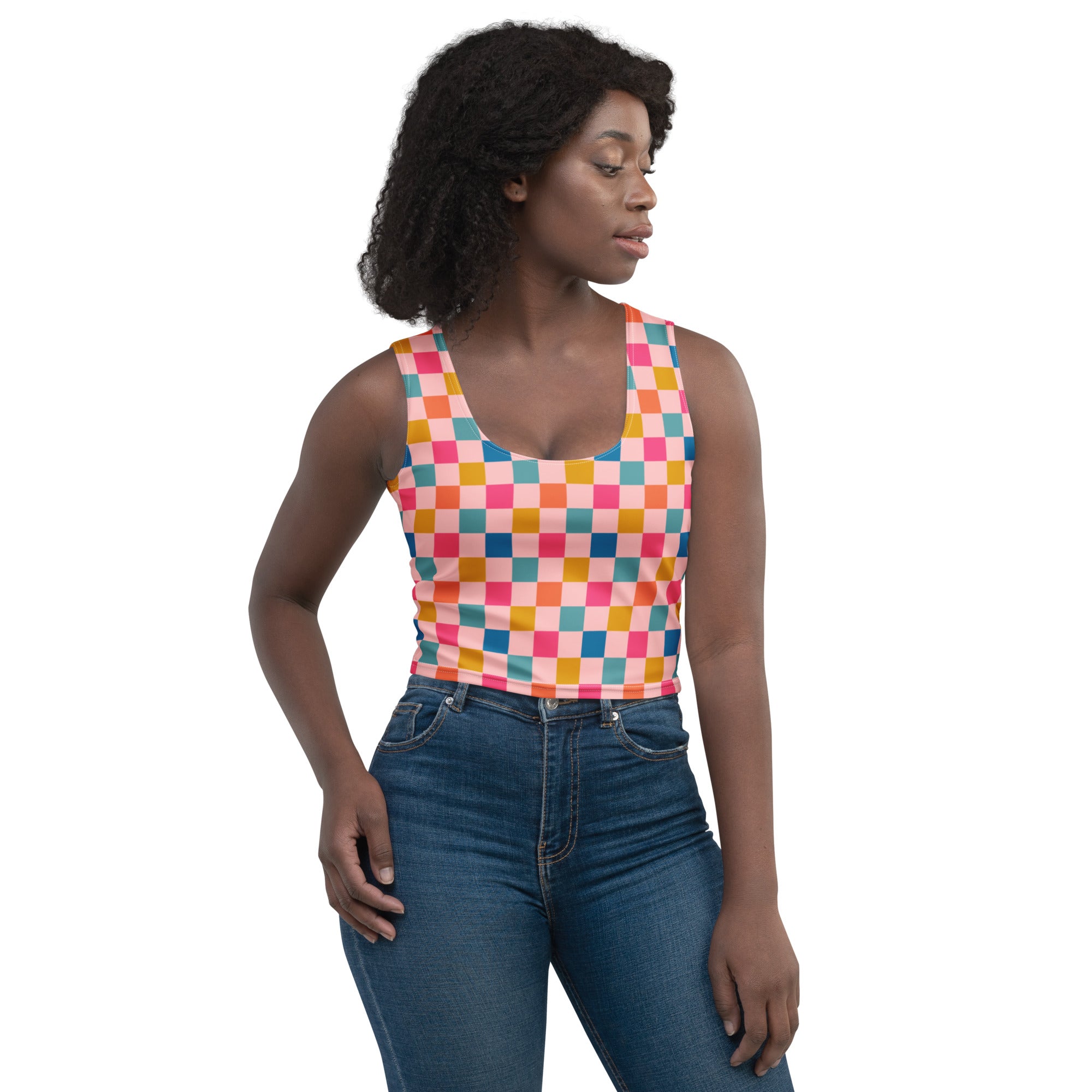 Women's Colorful Checkerboard Buttery Soft Crop Top- Quick-Drying UPF 50+ Stretch Top