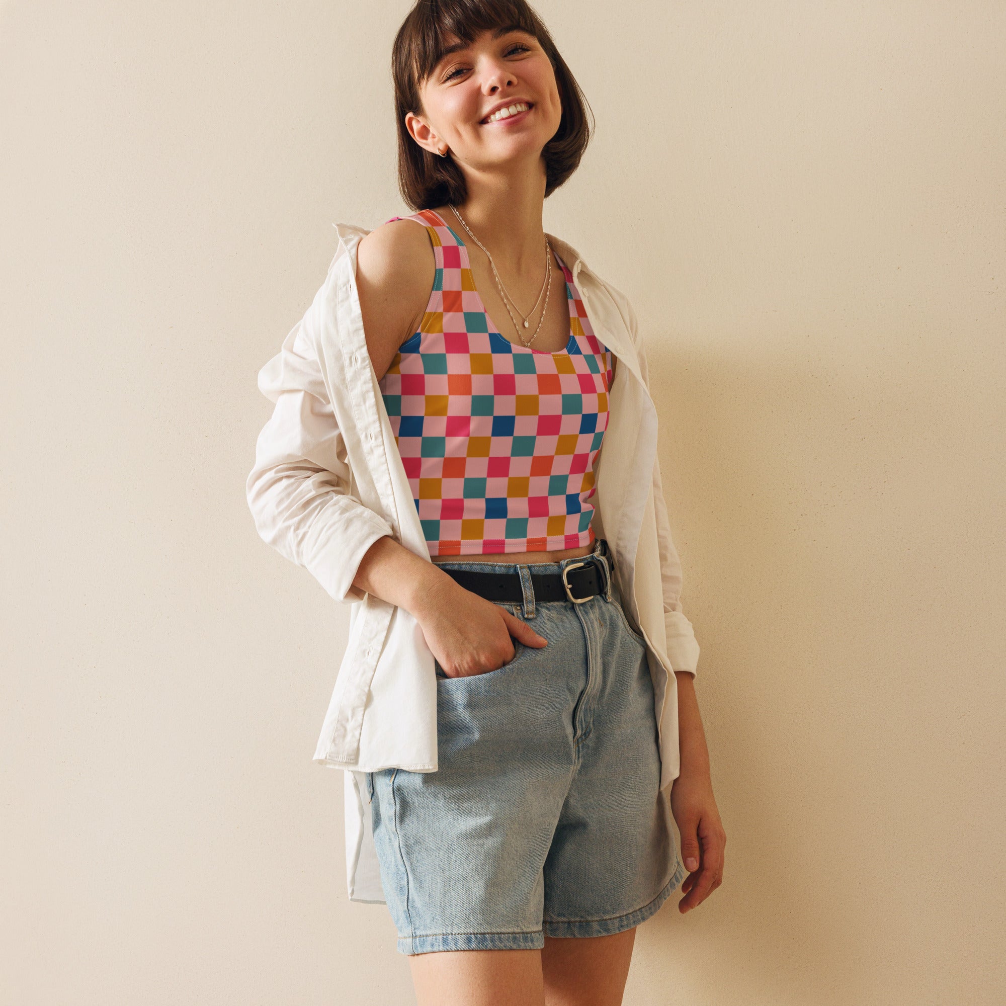 Women's Colorful Checkerboard Buttery Soft Crop Top- Quick-Drying UPF 50+ Stretch Top