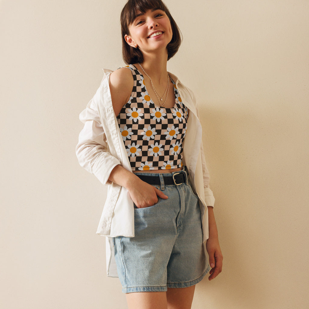 Women's Daisy Checkerboard Buttery Soft Crop Top- Quick-Drying UPF 50+ Stretch Top