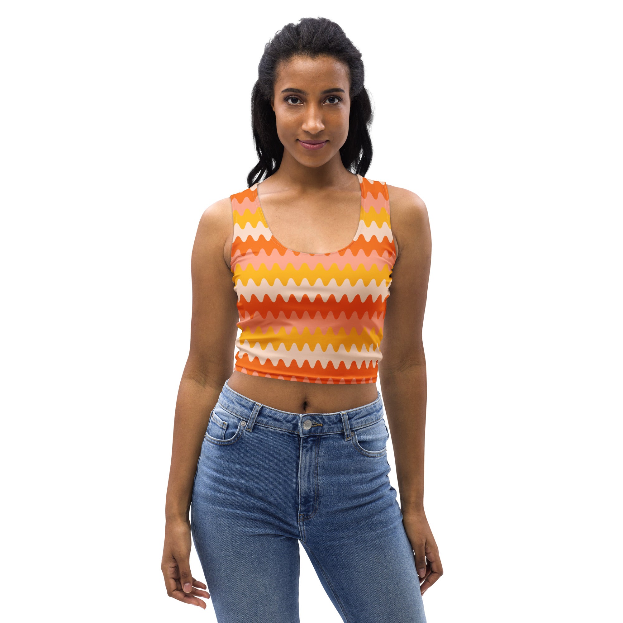 Women's Orange Wavy Stripe Buttery Soft Crop Top- Quick-Drying UPF 50+ Stretch Top