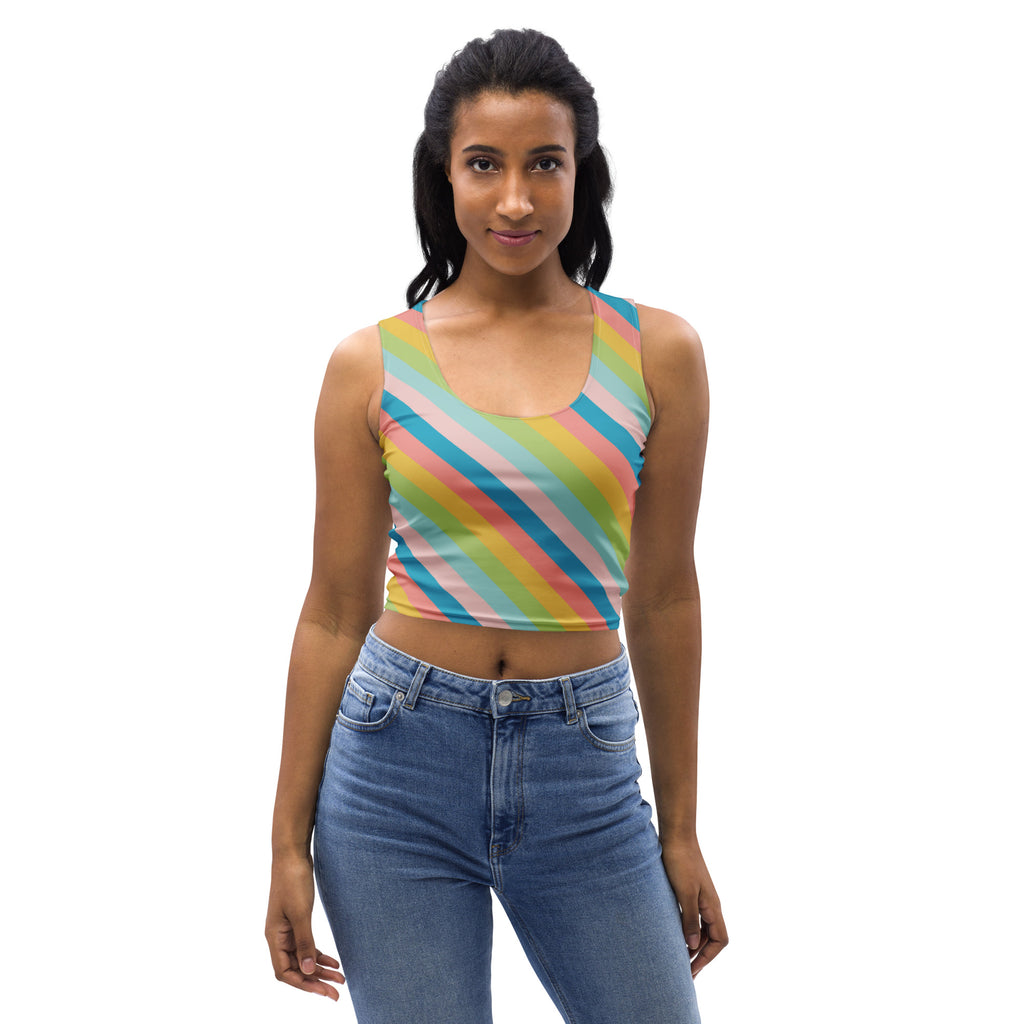 Women's Diagonal Pastel Rainbow Stripe Buttery Soft Crop Top- Quick-Drying UPF 50+ Stretch Top