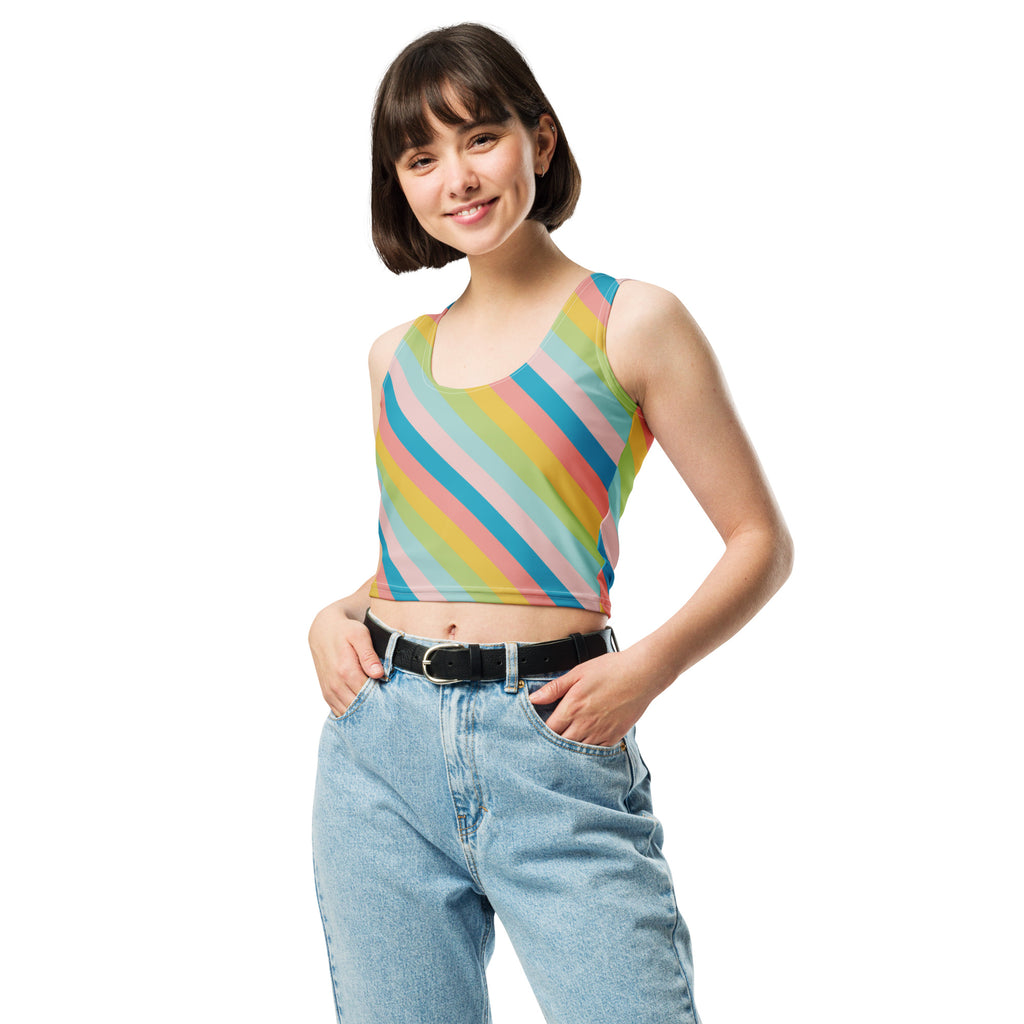 Women's Diagonal Pastel Rainbow Stripe Buttery Soft Crop Top- Quick-Drying UPF 50+ Stretch Top
