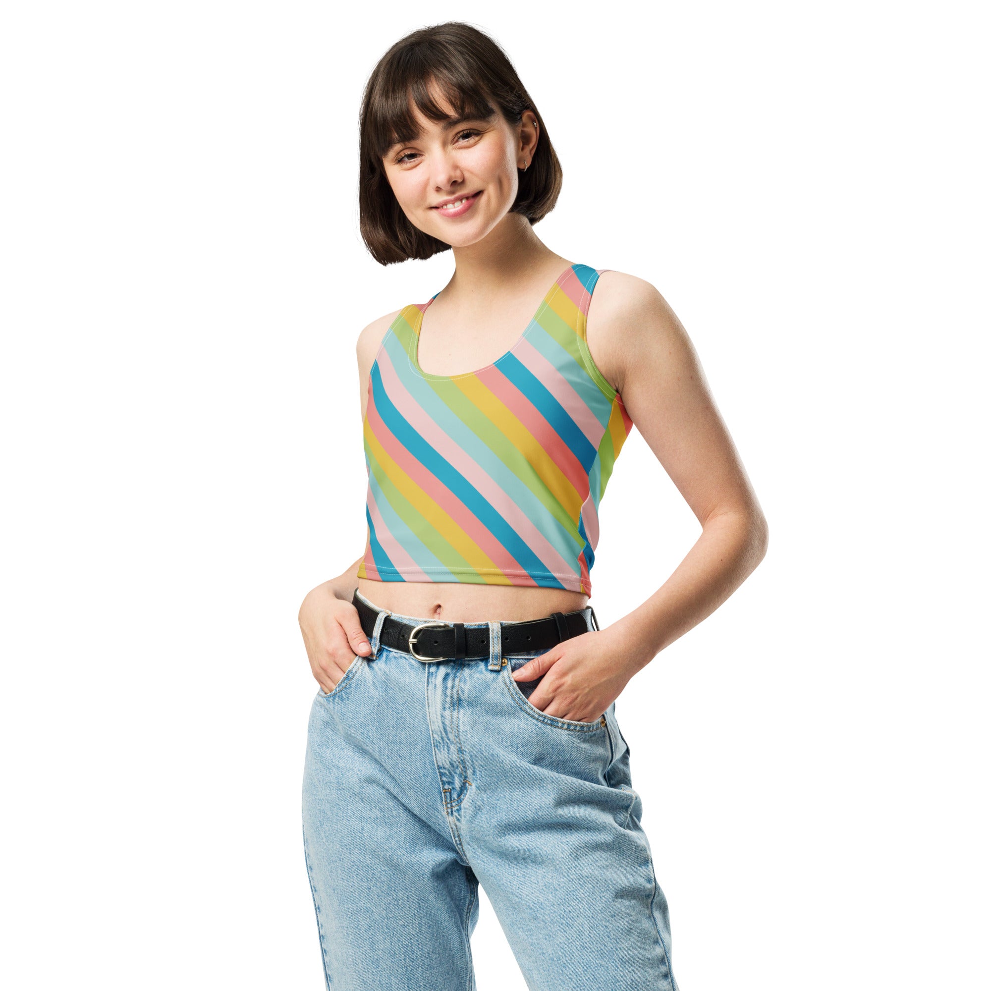 Women's Diagonal Pastel Rainbow Stripe Buttery Soft Crop Top- Quick-Drying UPF 50+ Stretch Top