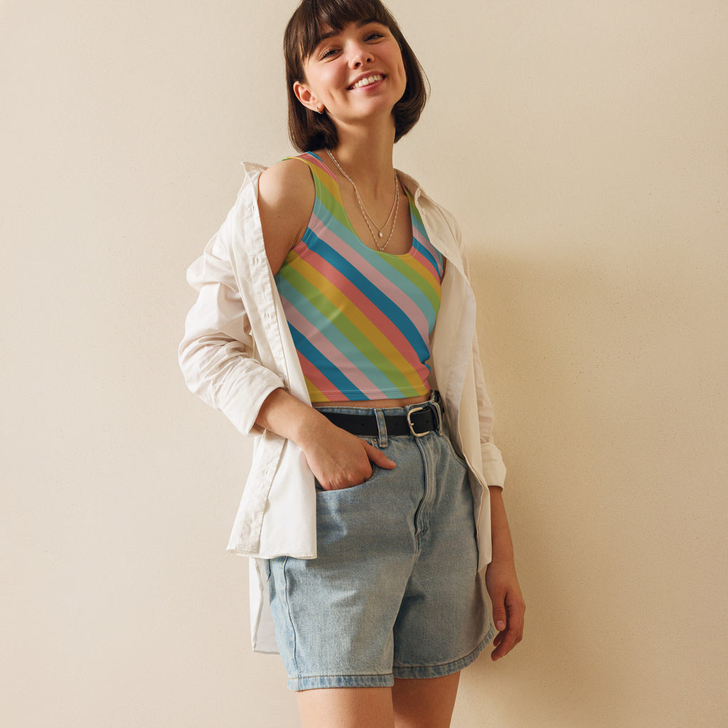 Women's Diagonal Pastel Rainbow Stripe Buttery Soft Crop Top- Quick-Drying UPF 50+ Stretch Top