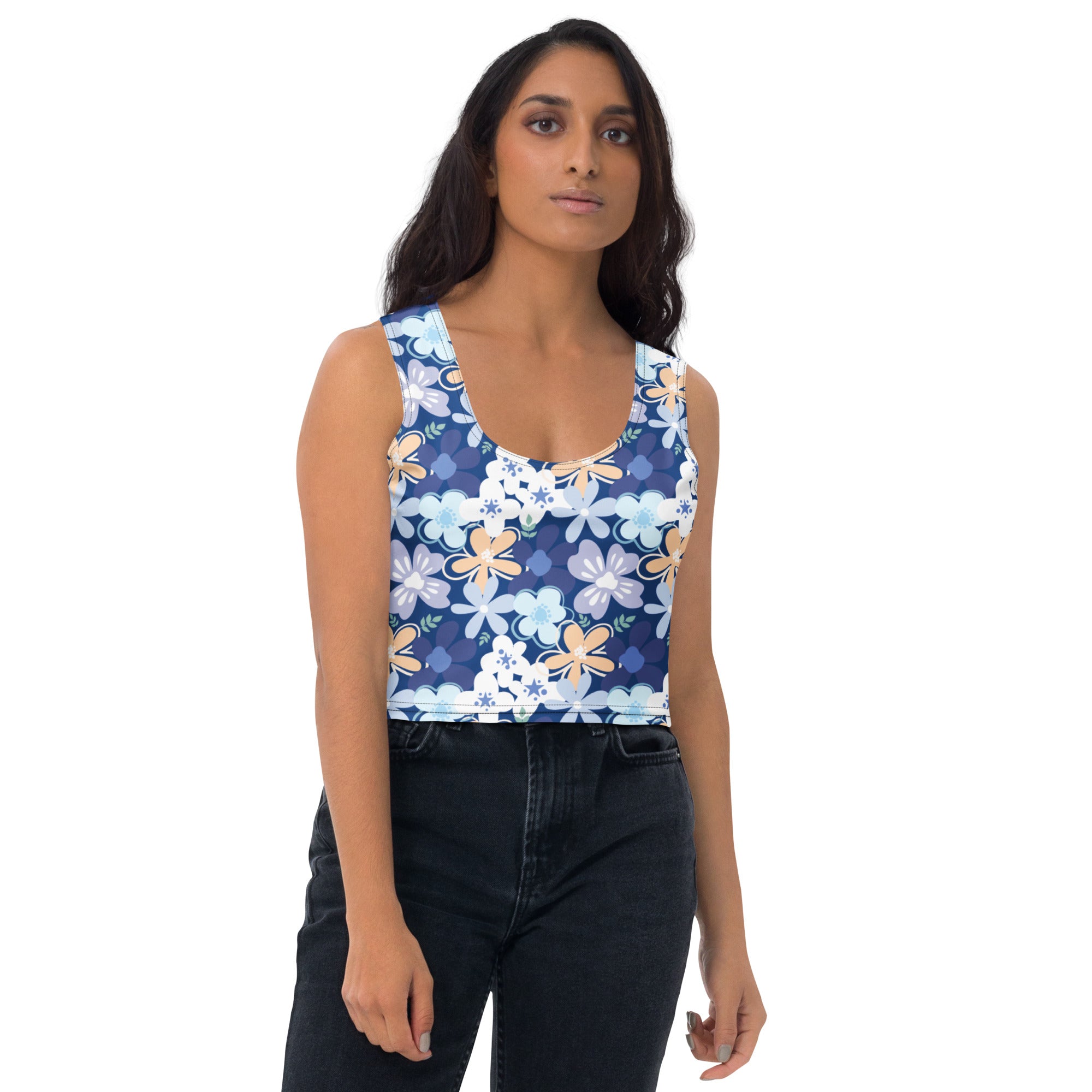 Women's Blue Floral Buttery Soft Crop Top- Quick-Drying UPF 50+ Stretch Top
