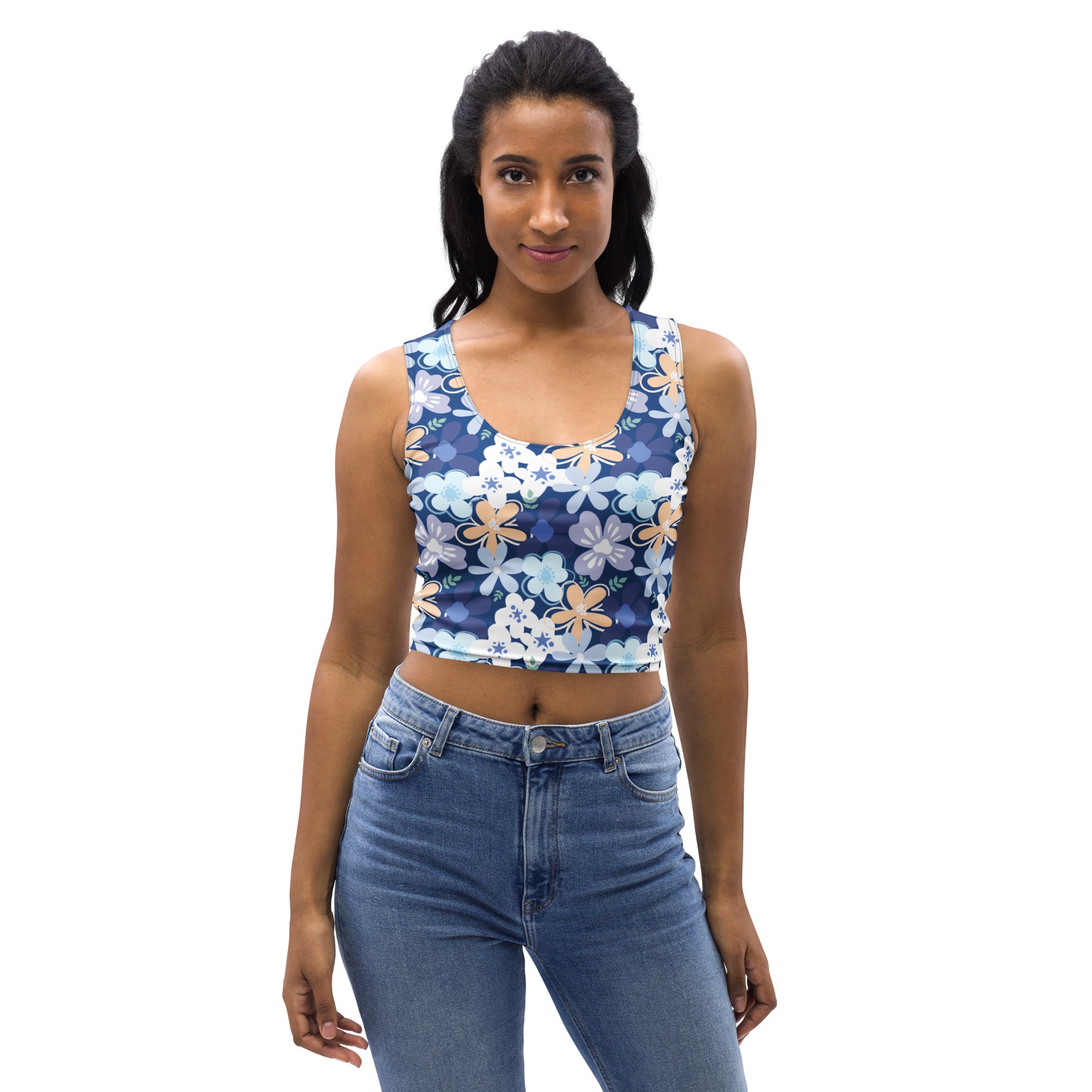 Women's Blue Floral Buttery Soft Crop Top- Quick-Drying UPF 50+ Stretch Top
