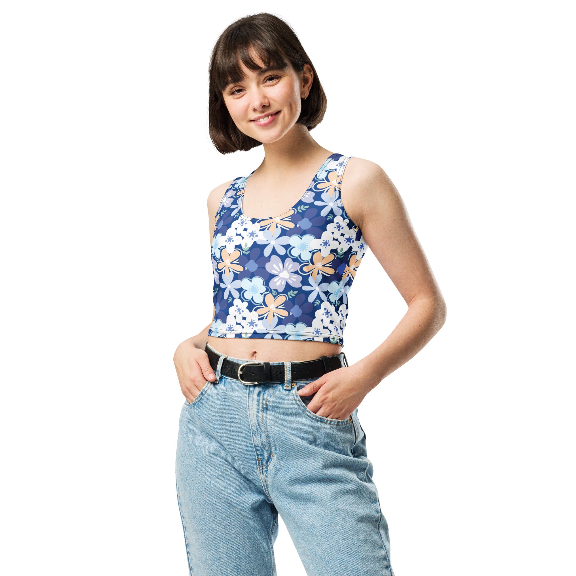 Women's Blue Floral Buttery Soft Crop Top- Quick-Drying UPF 50+ Stretch Top