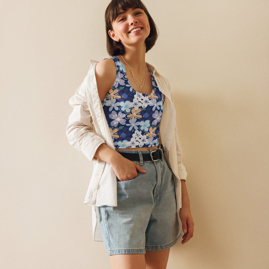 Women's Blue Floral Buttery Soft Crop Top- Quick-Drying UPF 50+ Stretch Top