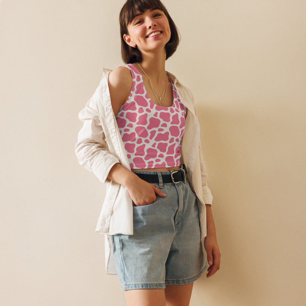 Women's Pink Cow Print Buttery Soft Crop Top- Quick-Drying UPF 50+ Stretch Top