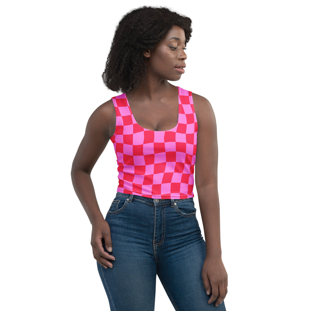 Women's Pink Wavy Checkerboard Buttery Soft Crop Top- Quick-Drying UPF 50+ Stretch Top
