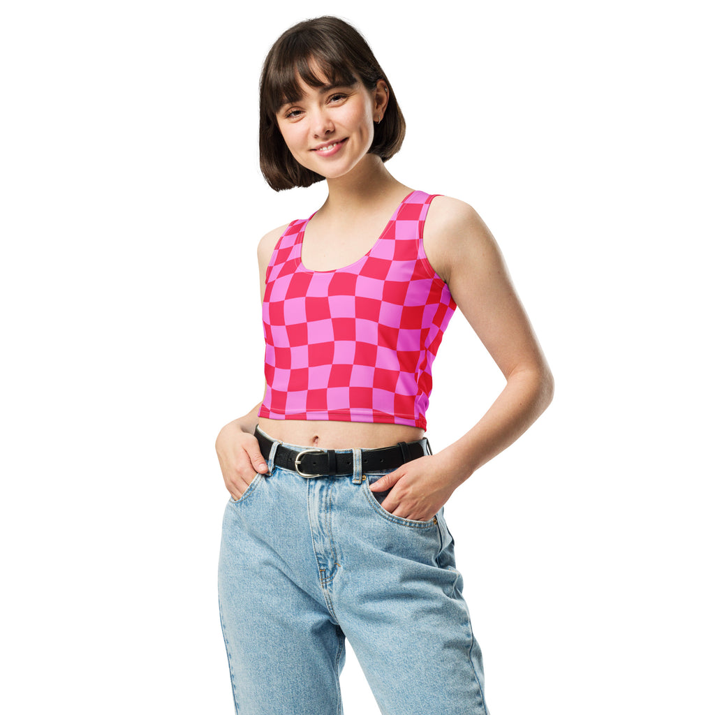 Women's Pink Wavy Checkerboard Buttery Soft Crop Top- Quick-Drying UPF 50+ Stretch Top