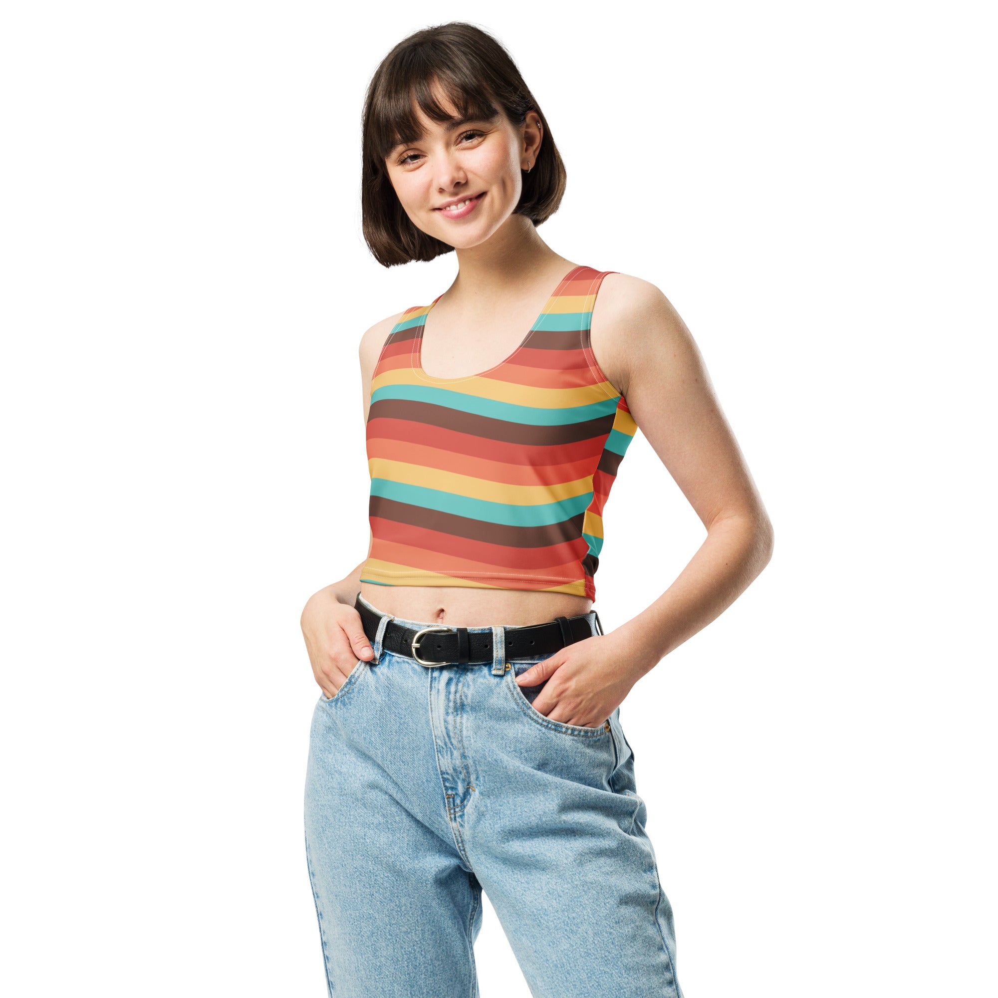 Women's Beach Sunset Retro Wavy Buttery Soft Crop Top- Quick-Drying UPF 50+ Stretch Top
