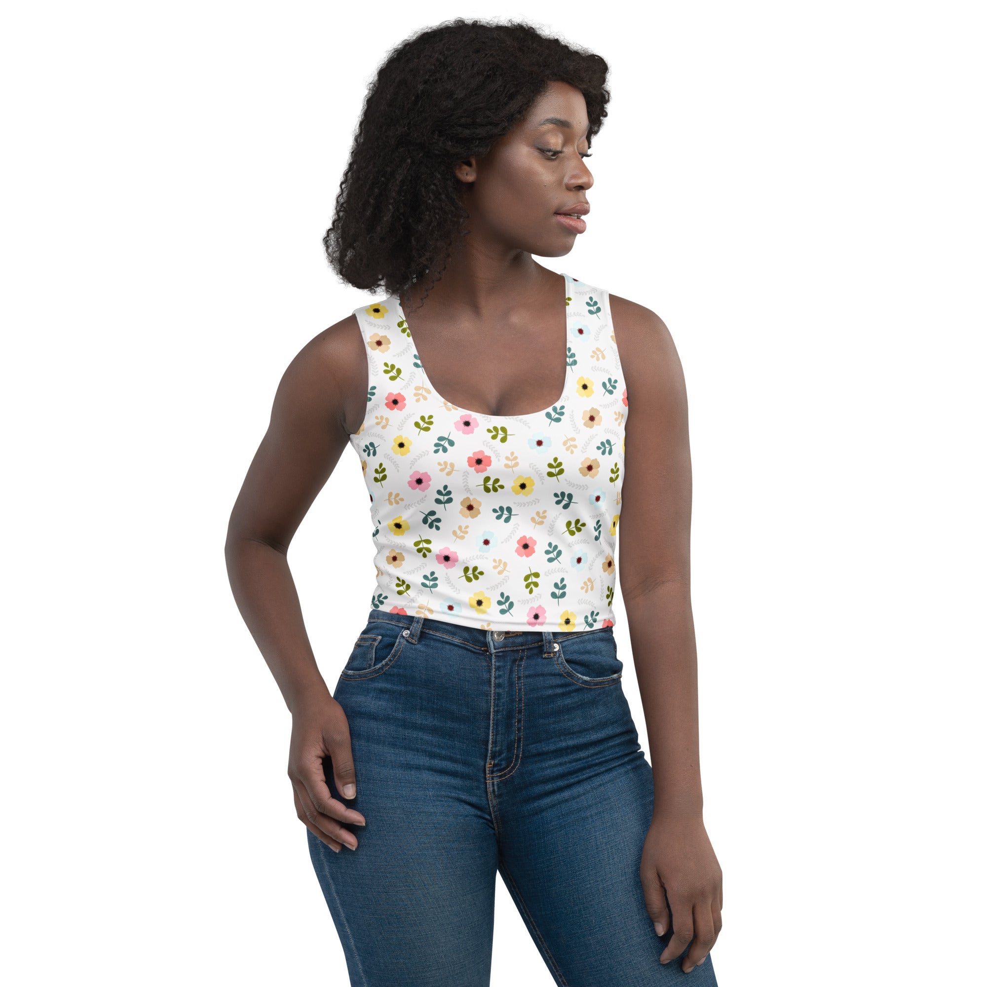 Women's White Wildflower Buttery Soft Crop Top- Quick-Drying UPF 50+ Stretch Top