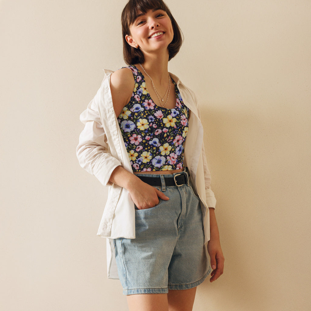 Women's Dark Wildflower Buttery Soft Crop Top- Quick-Drying UPF 50+ Stretch Top