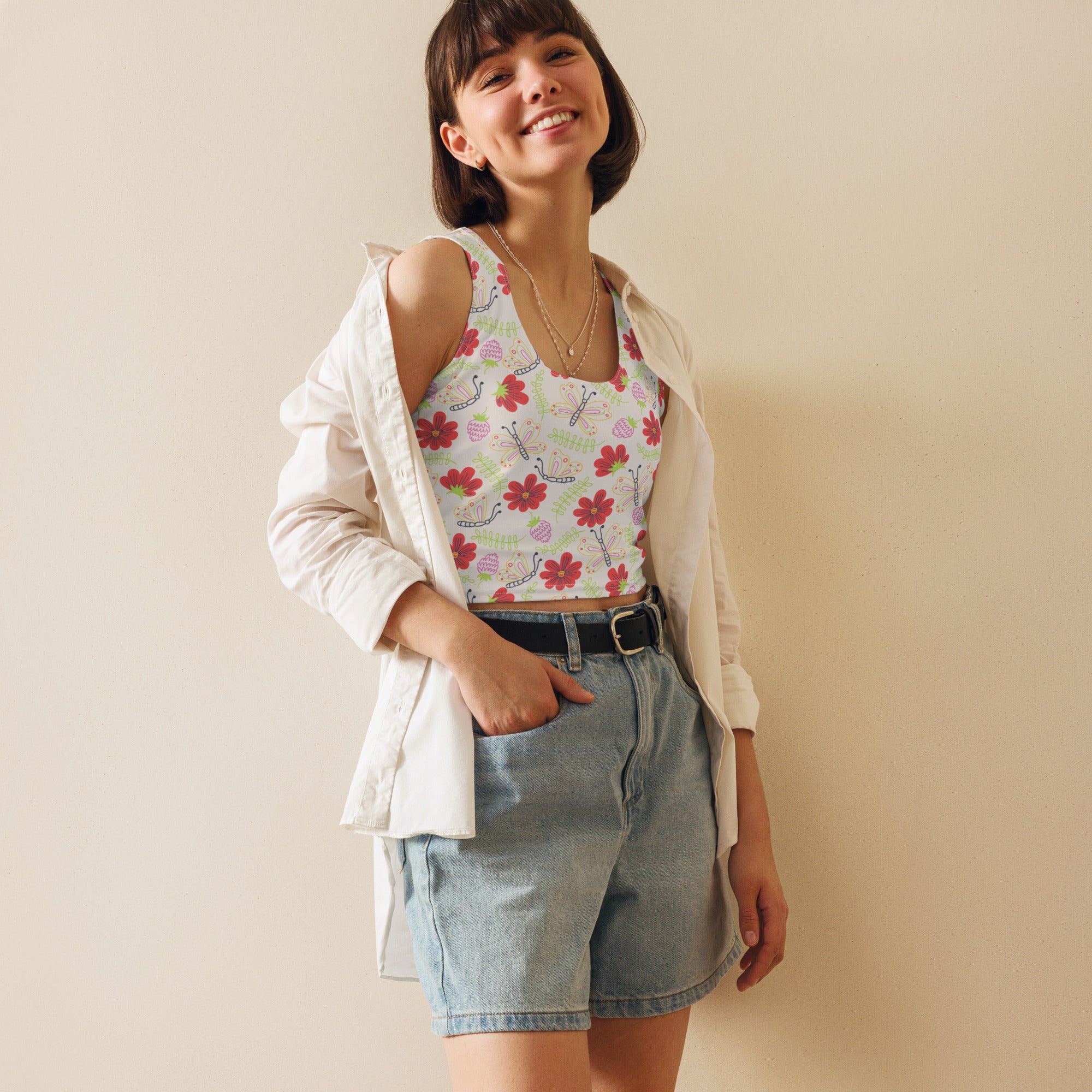 Women's Butterfly Flower Buttery Soft Crop Top- Quick-Drying UPF 50+ Stretch Top