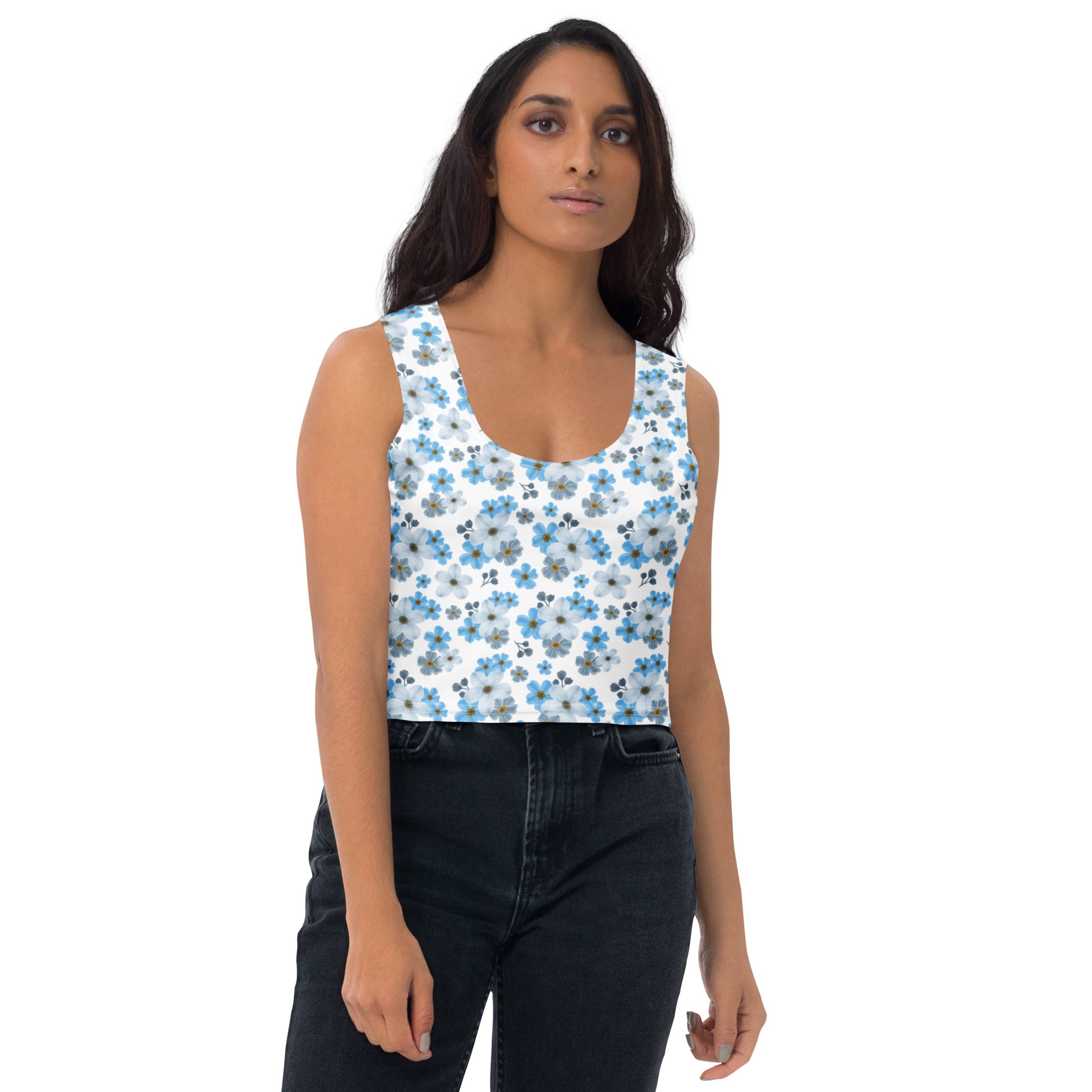 Women's Blue Daisy Buttery Soft Crop Top- Quick-Drying UPF 50+ Stretch Top