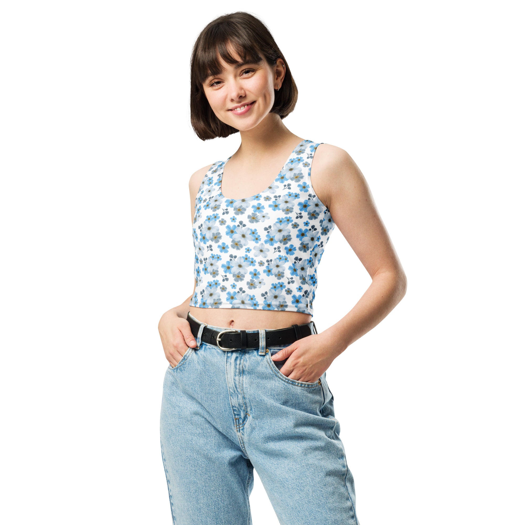 Women's Blue Daisy Buttery Soft Crop Top- Quick-Drying UPF 50+ Stretch Top