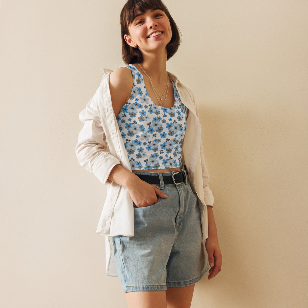 Women's Blue Daisy Buttery Soft Crop Top- Quick-Drying UPF 50+ Stretch Top
