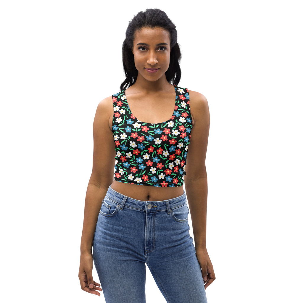 Women's Black Colorful Floral Buttery Soft Crop Top- Quick-Drying UPF 50+ Stretch Top
