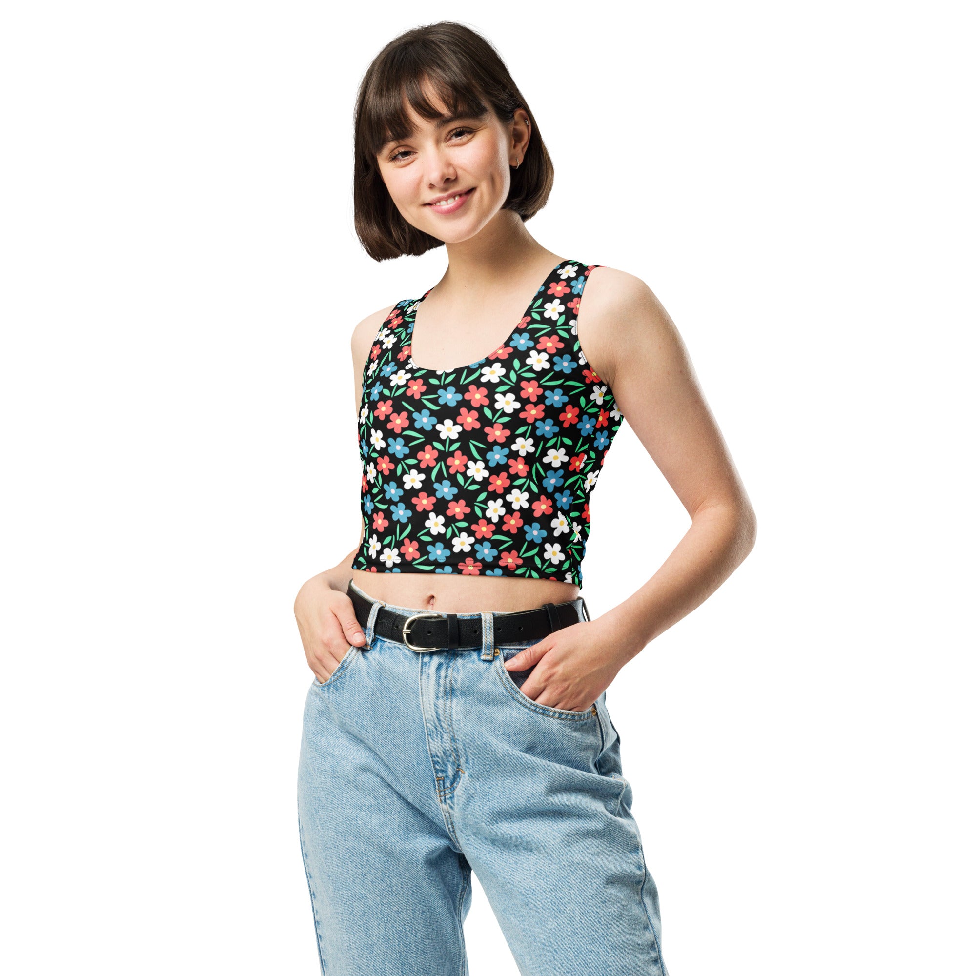 Women's Black Colorful Floral Buttery Soft Crop Top- Quick-Drying UPF 50+ Stretch Top