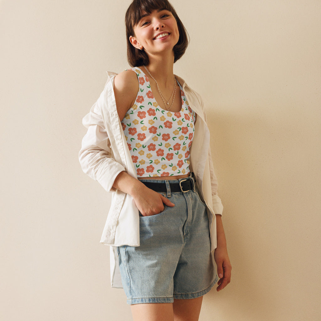 Women's Peach Floral Buttery Soft Crop Top- Quick-Drying UPF 50+ Stretch Top