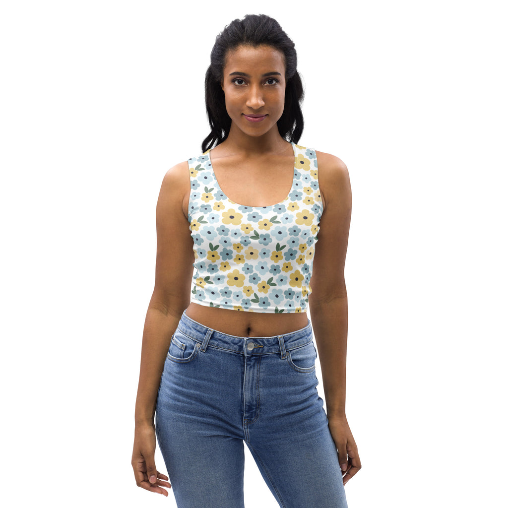 Women's Blue Yellow Daisyl Buttery Soft Crop Top- Quick-Drying UPF 50+ Stretch Top