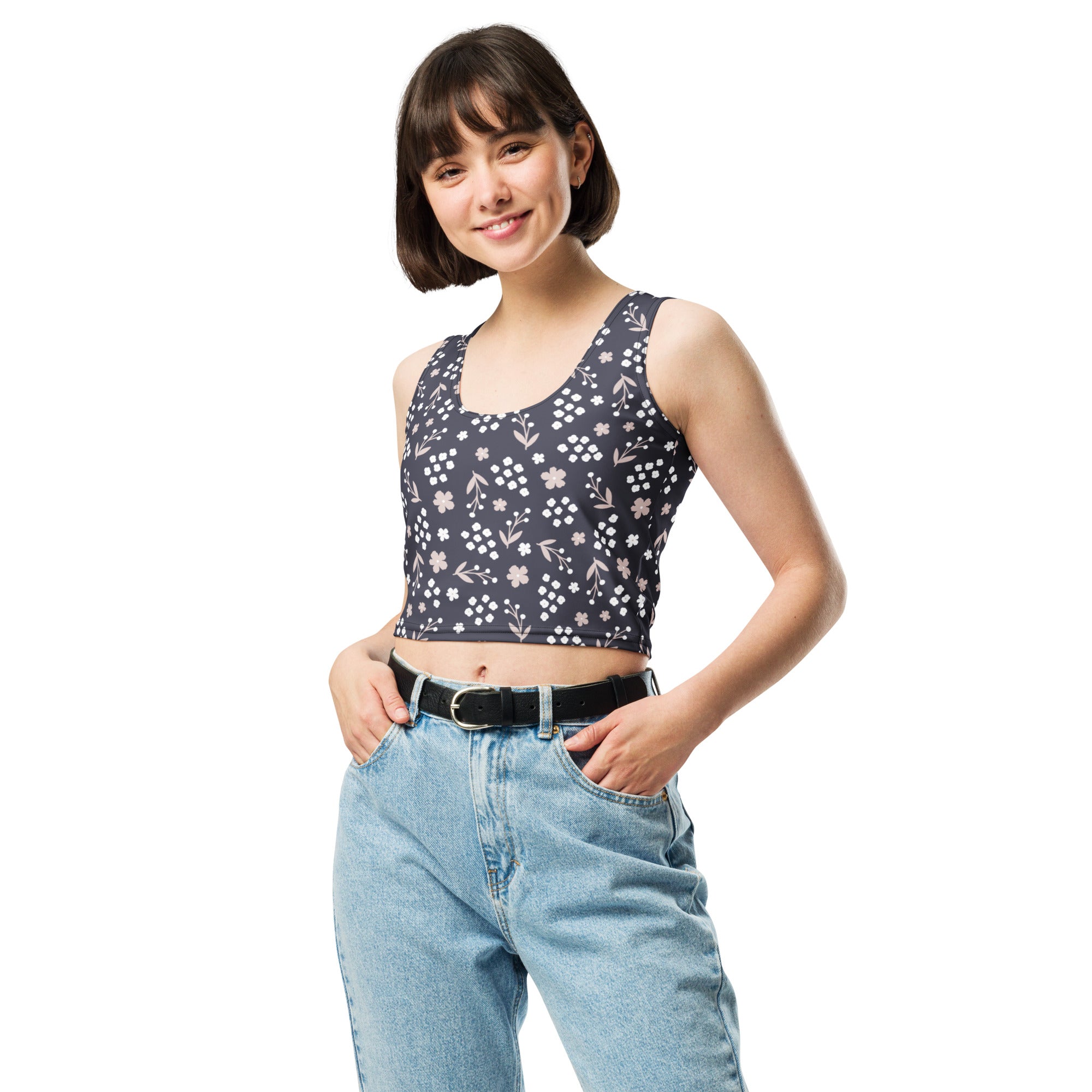 Women's Dark Floral Buttery Soft Crop Top- Quick-Drying UPF 50+ Stretch Top
