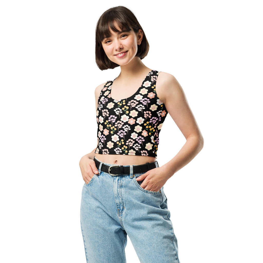 Women's Black Blush Floral Buttery Soft Crop Top- Quick-Drying UPF 50+ Stretch Top