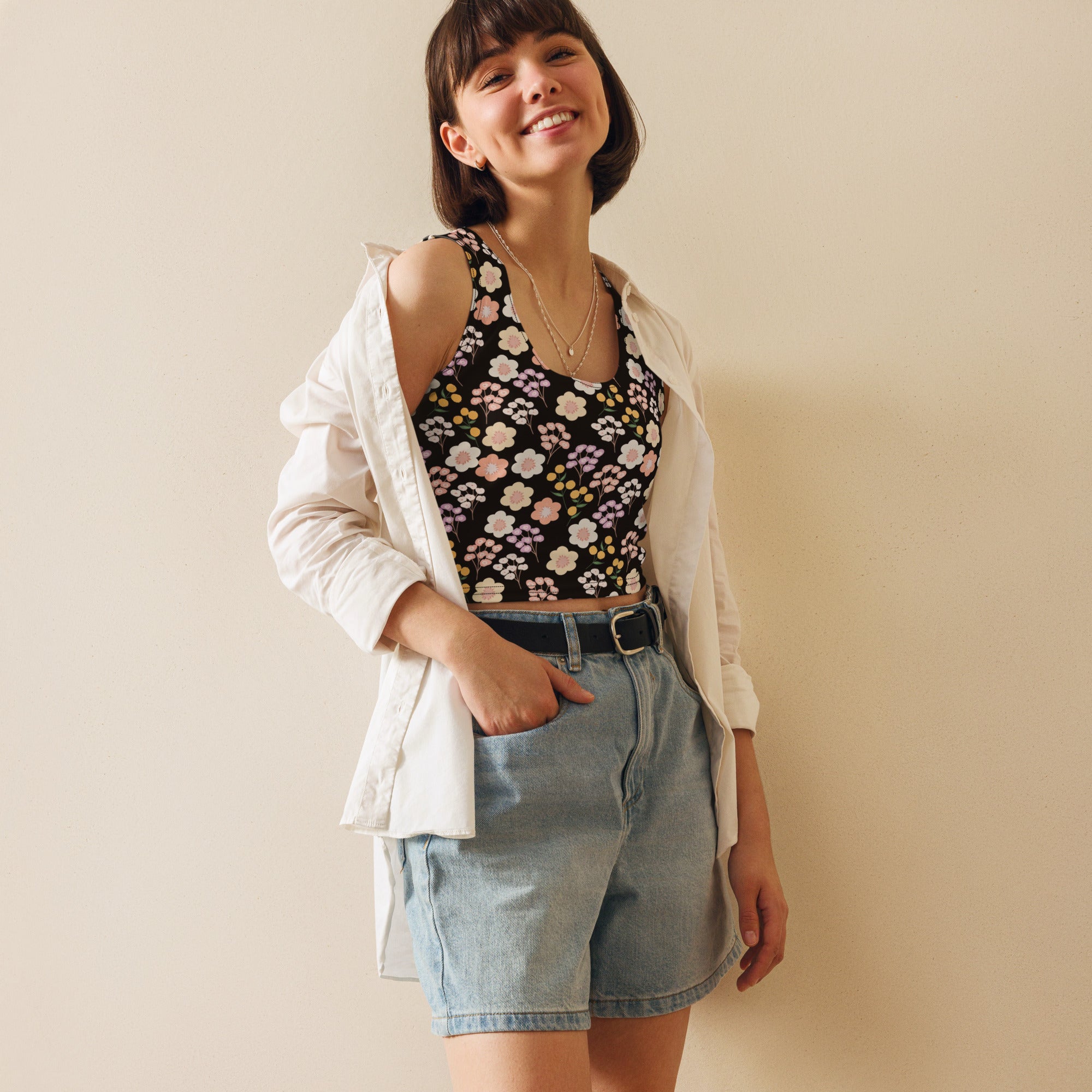 Women's Black Blush Floral Buttery Soft Crop Top- Quick-Drying UPF 50+ Stretch Top