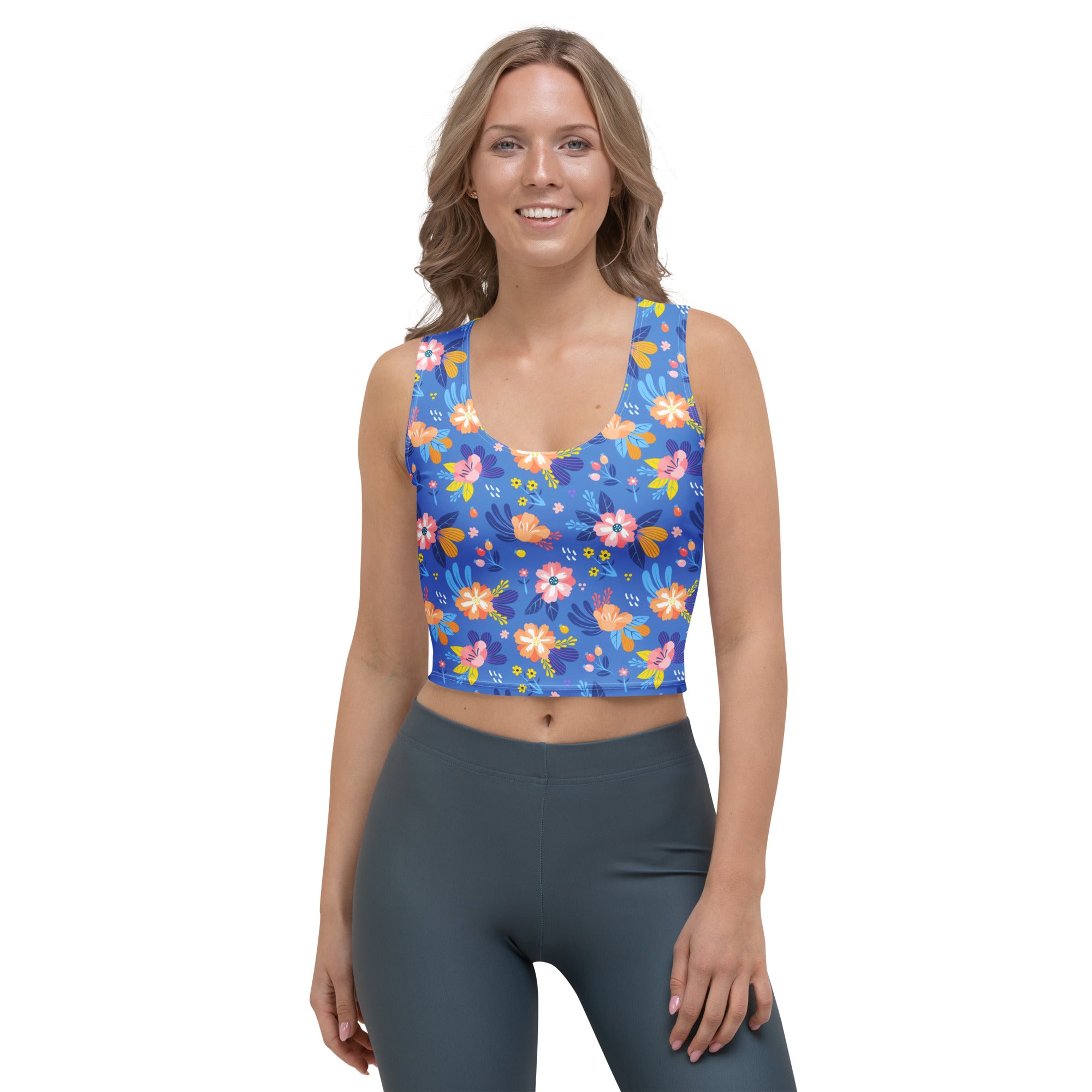 Women's Bright Blue Floral Buttery Soft Crop Top- Quick-Drying UPF 50+ Stretch Top