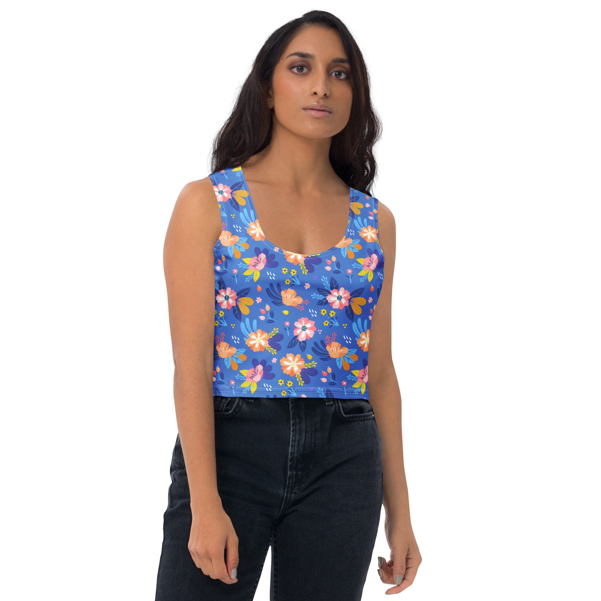 Women's Bright Blue Floral Buttery Soft Crop Top- Quick-Drying UPF 50+ Stretch Top